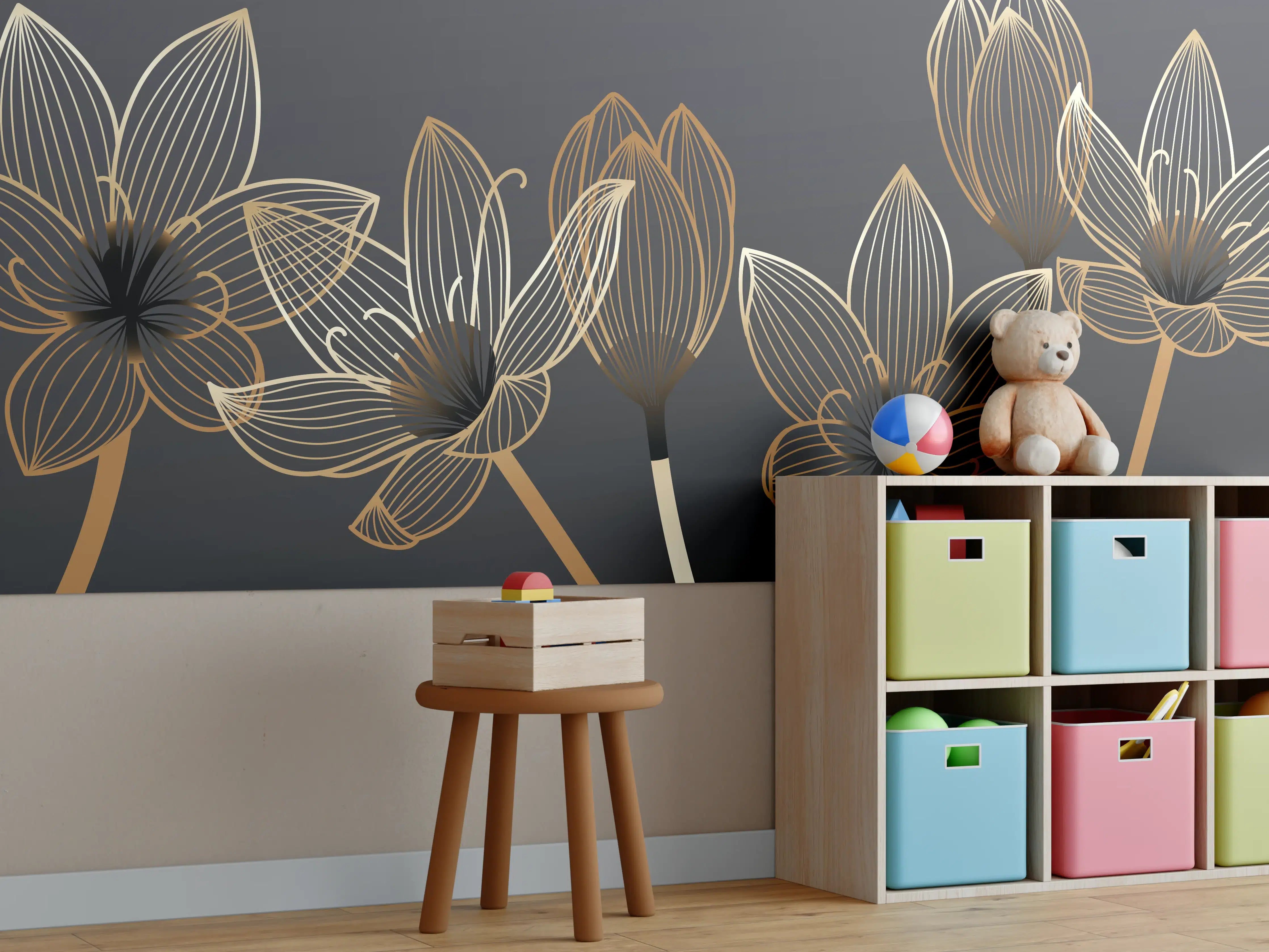 Kinderzimmer Wandgestaltung - Abstrakte Gold-Schwarz Blumen Linienart