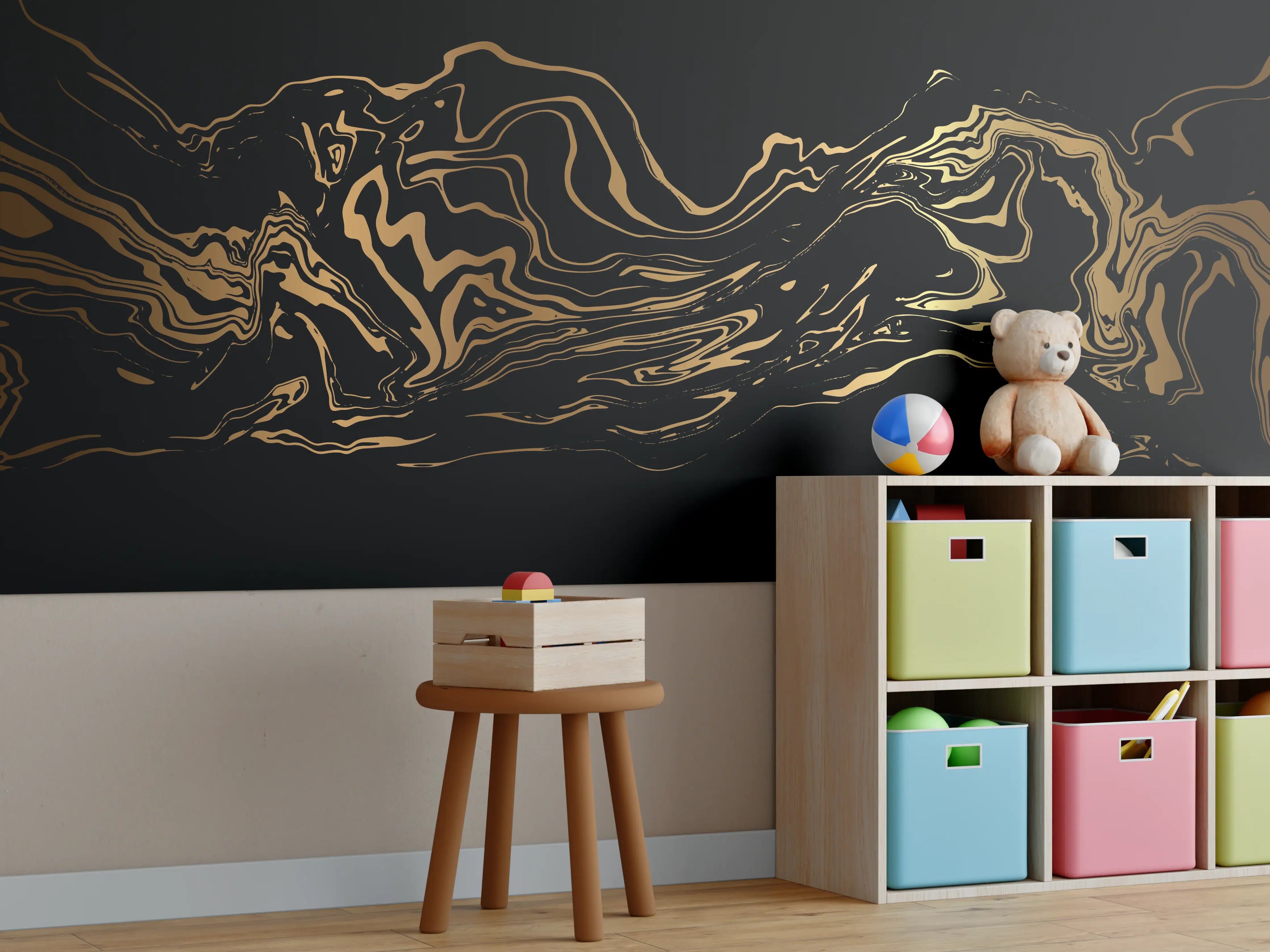 Kinderzimmer Wandgestaltung - Abstrakte Gold-Schwarz Kunst