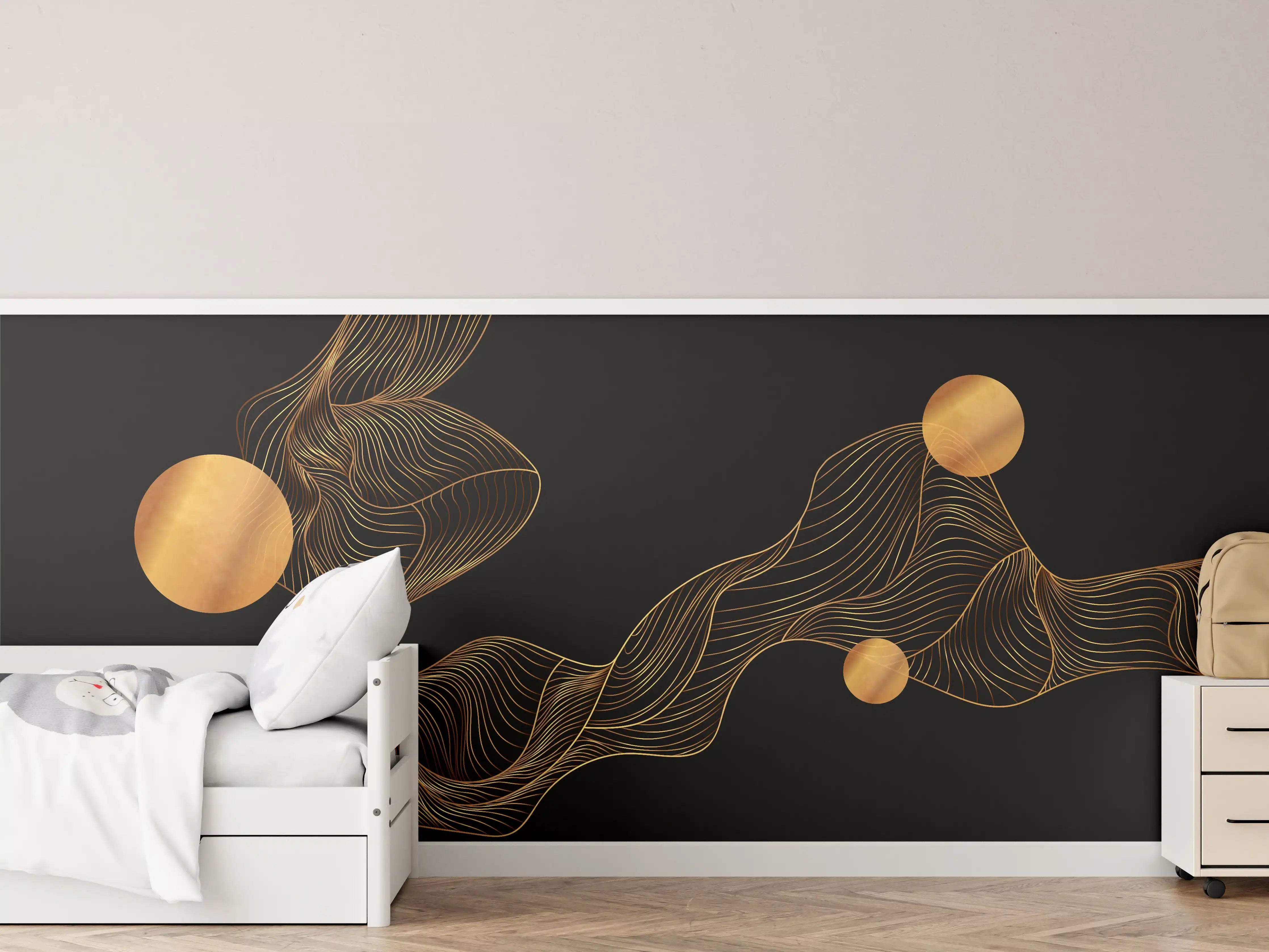 Kinderzimmer Wandgestaltung - Abstrakte Gold-Schwarz Linienkunst