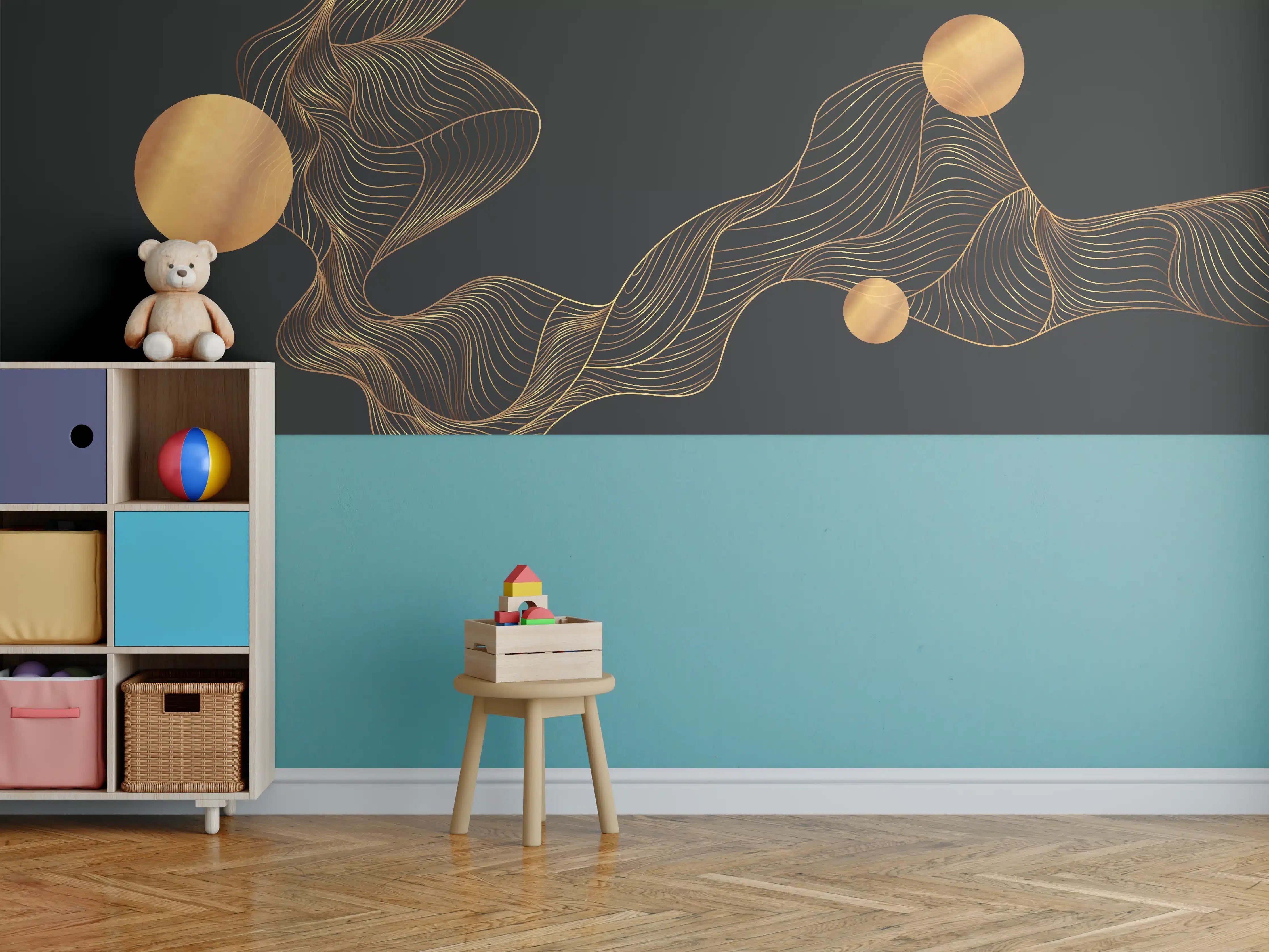 Kinderzimmer Wandgestaltung - Abstrakte Gold-Schwarz Linienkunst