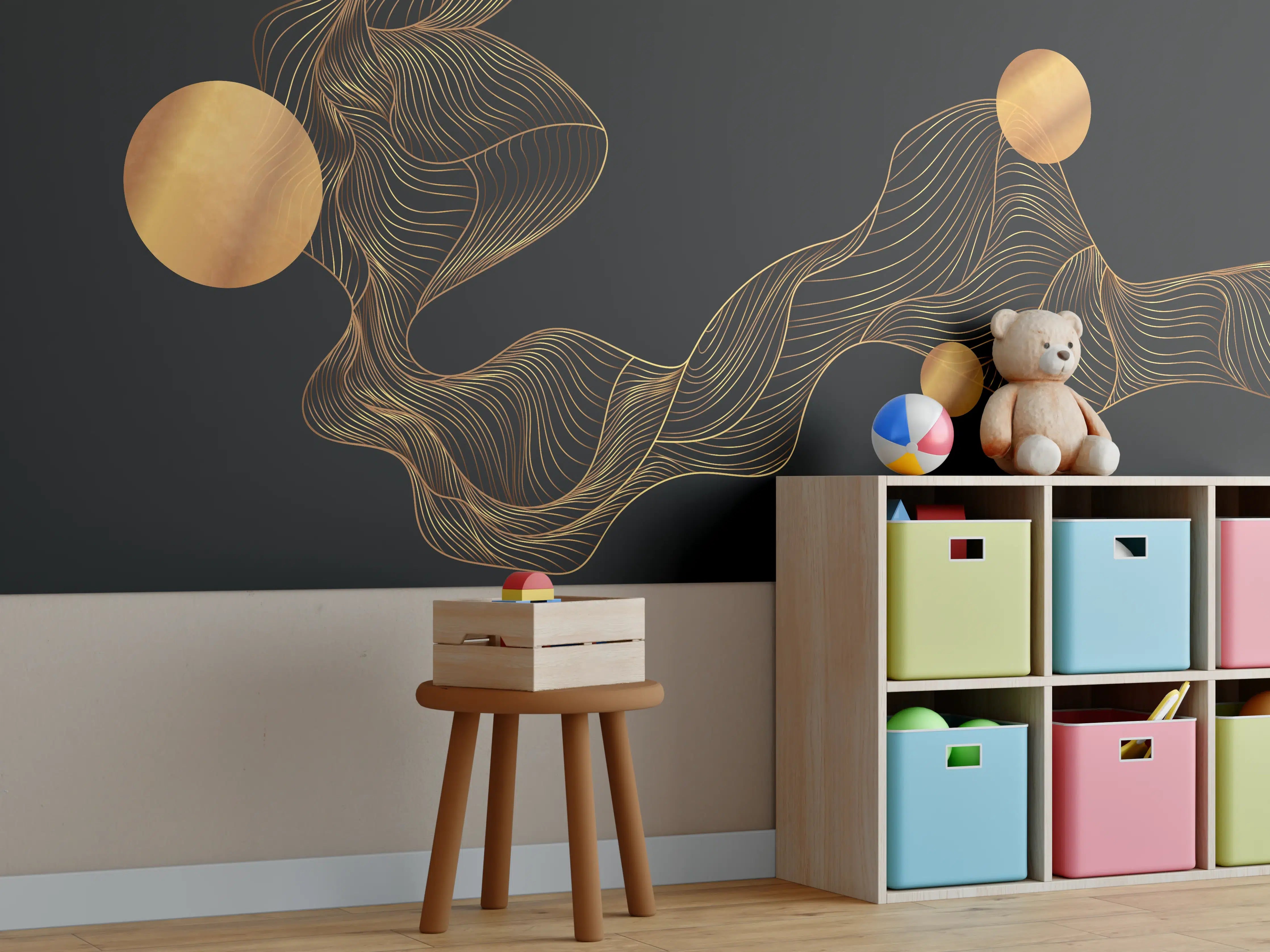 Kinderzimmer Wandgestaltung - Abstrakte Gold-Schwarz Linienkunst