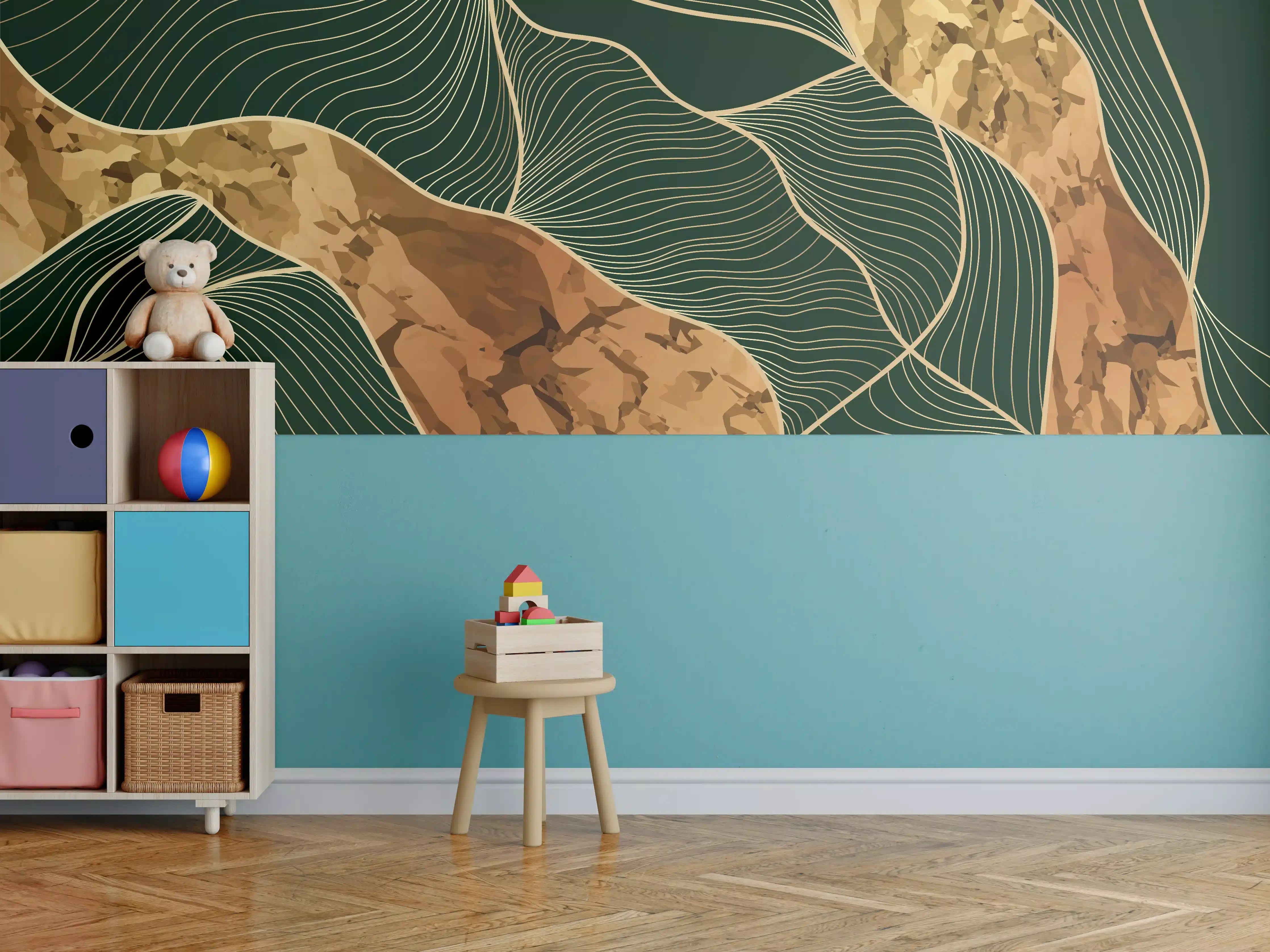 Kinderzimmer Wandgestaltung - Abstrakte Goldbraun-Linien Kunst