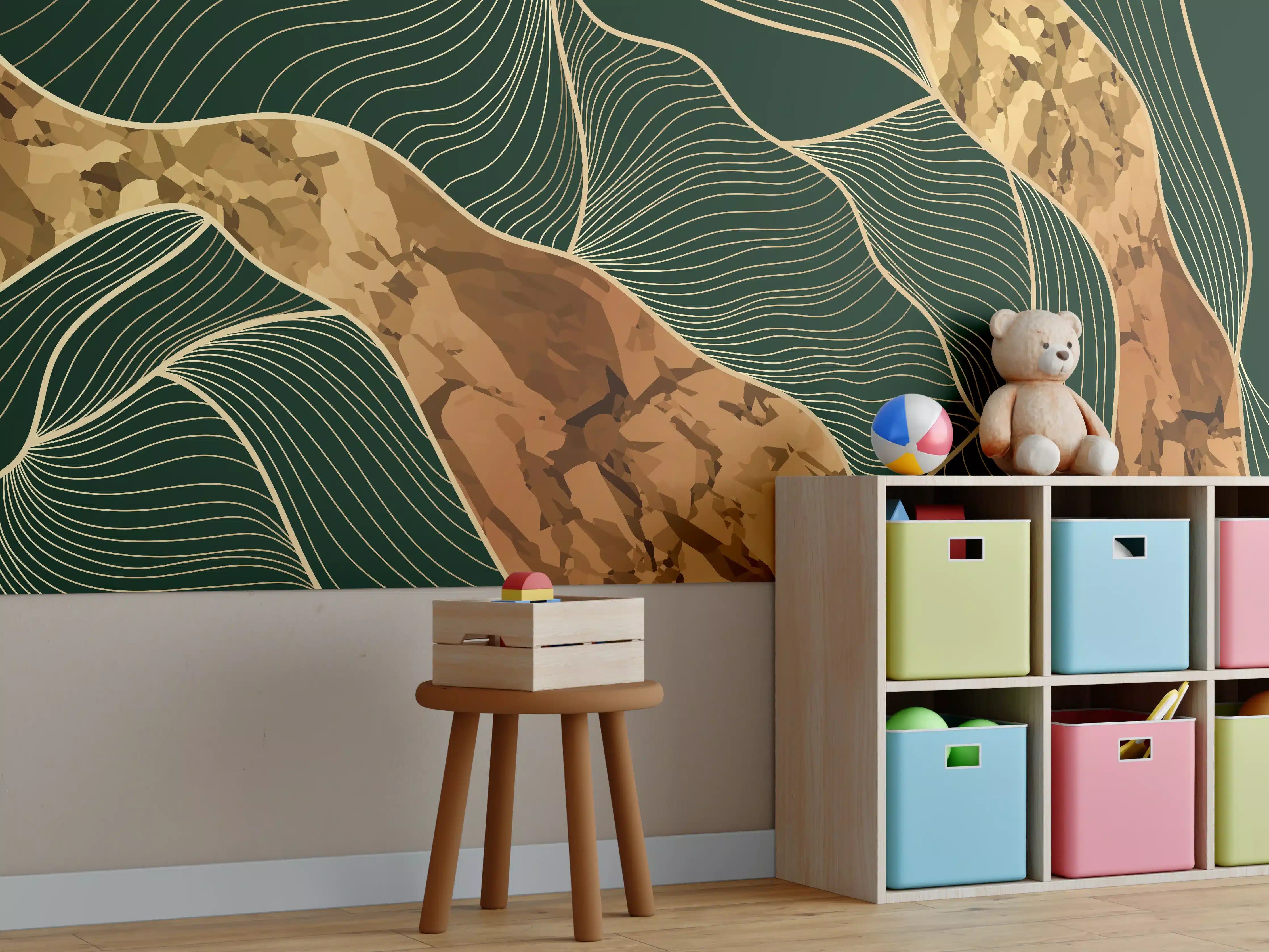 Kinderzimmer Wandgestaltung - Abstrakte Goldbraun-Linien Kunst