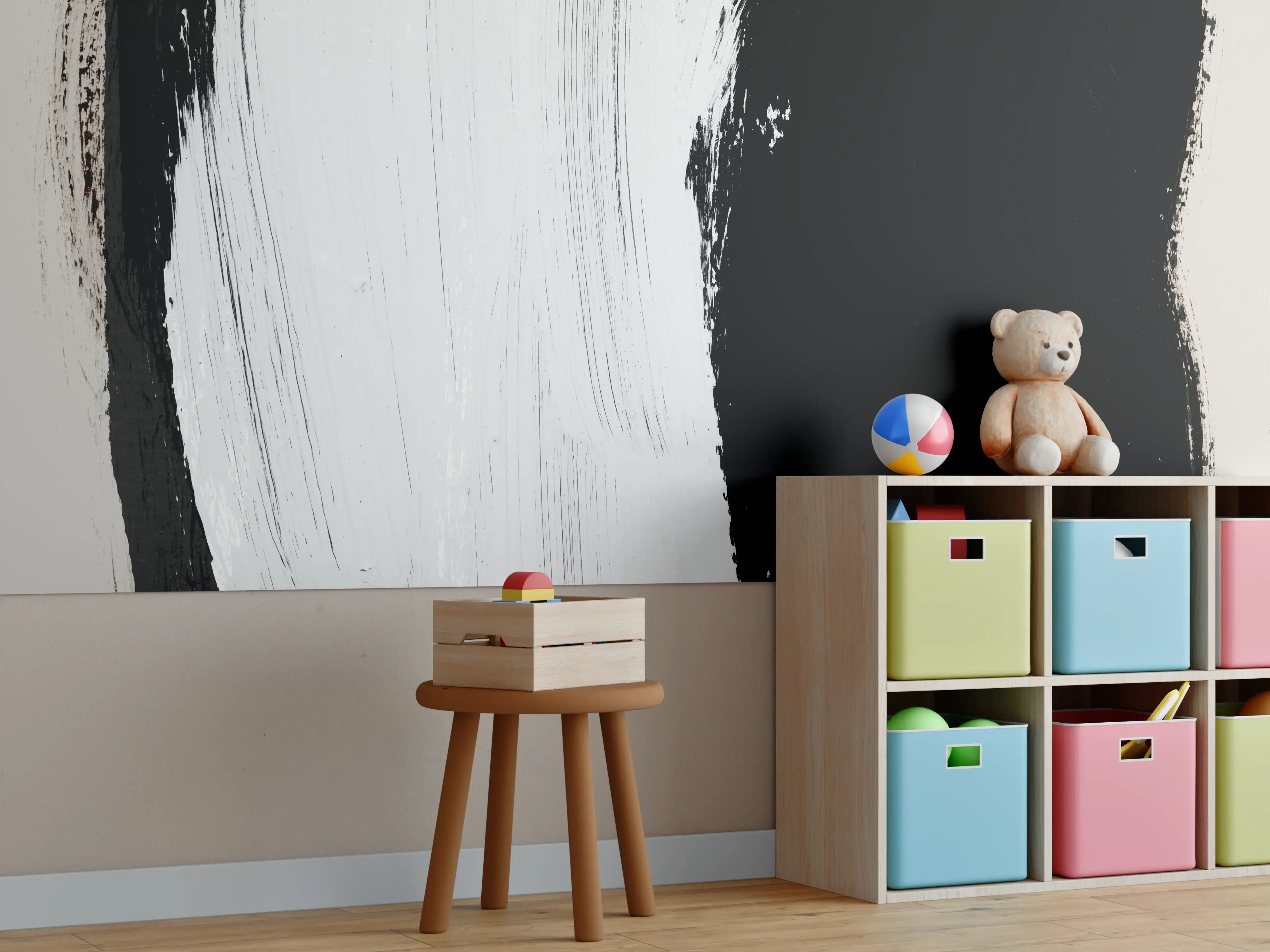 Kinderzimmer Wandgestaltung - Abstrakte Grau-Schwarz Pinselstriche