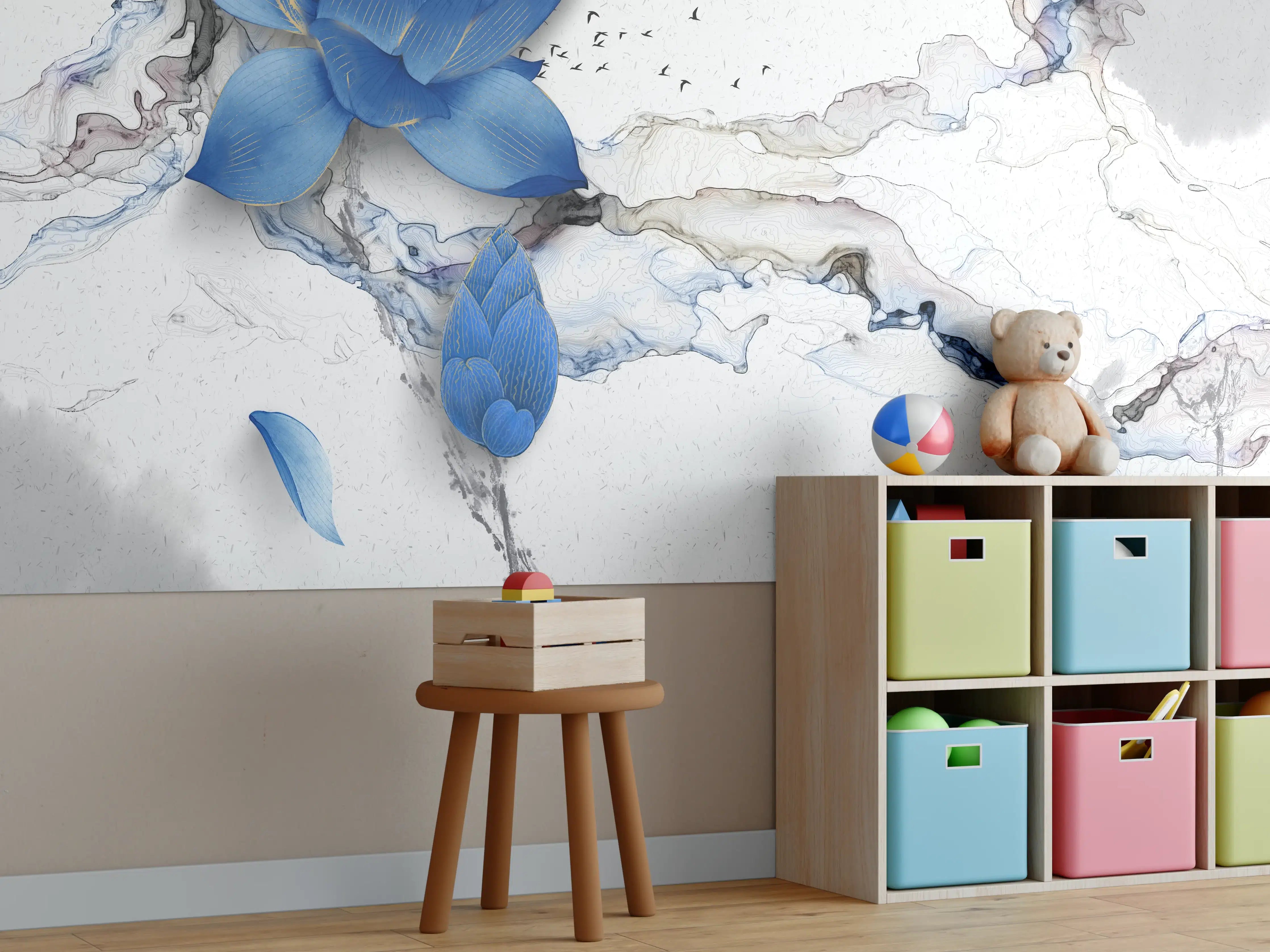 Kinderzimmer Wandgestaltung - Abstrakte Illustration blauer Blume