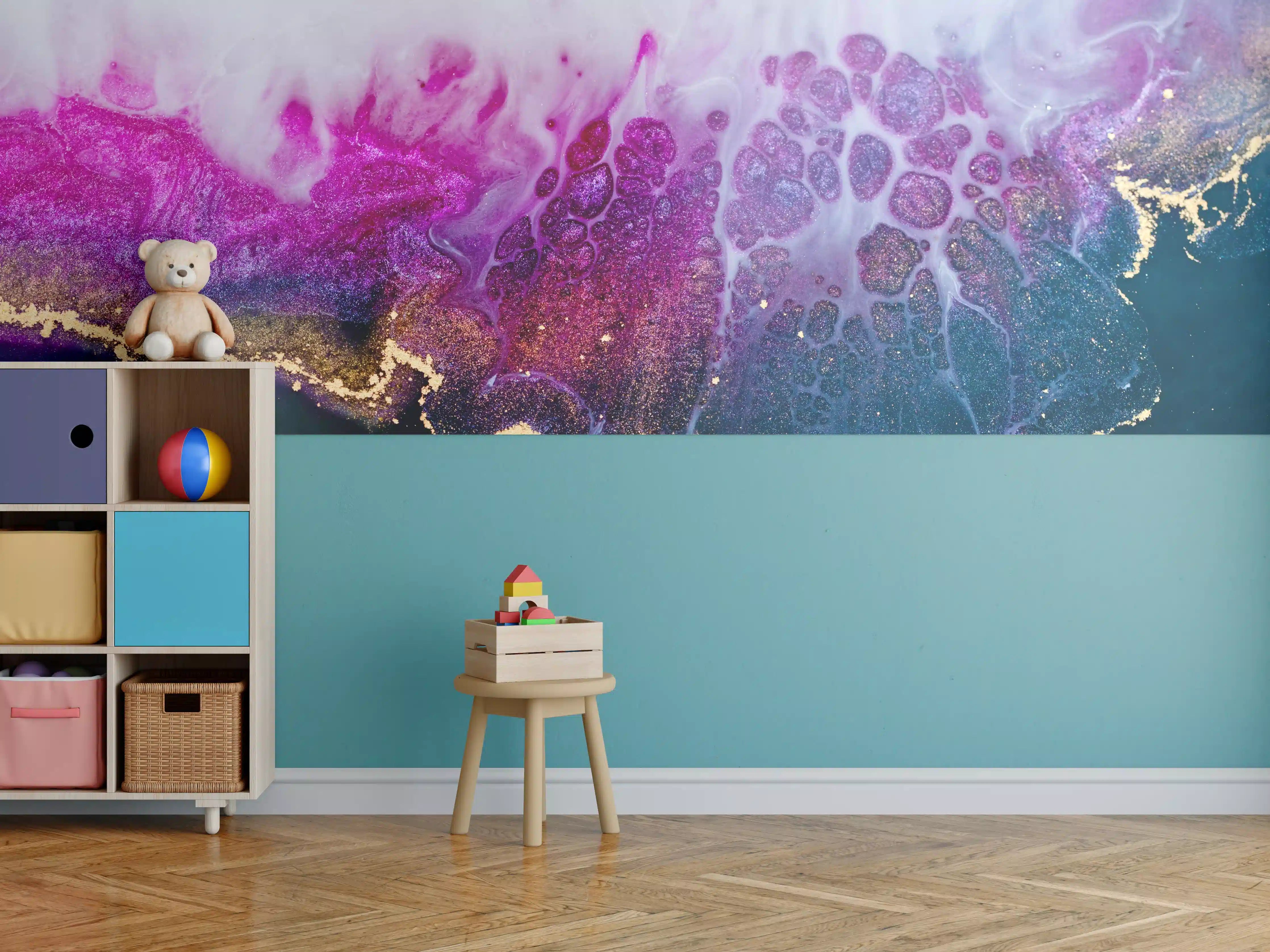 Kinderzimmer Wandgestaltung - Abstrakte Kunst in Lila-Gold