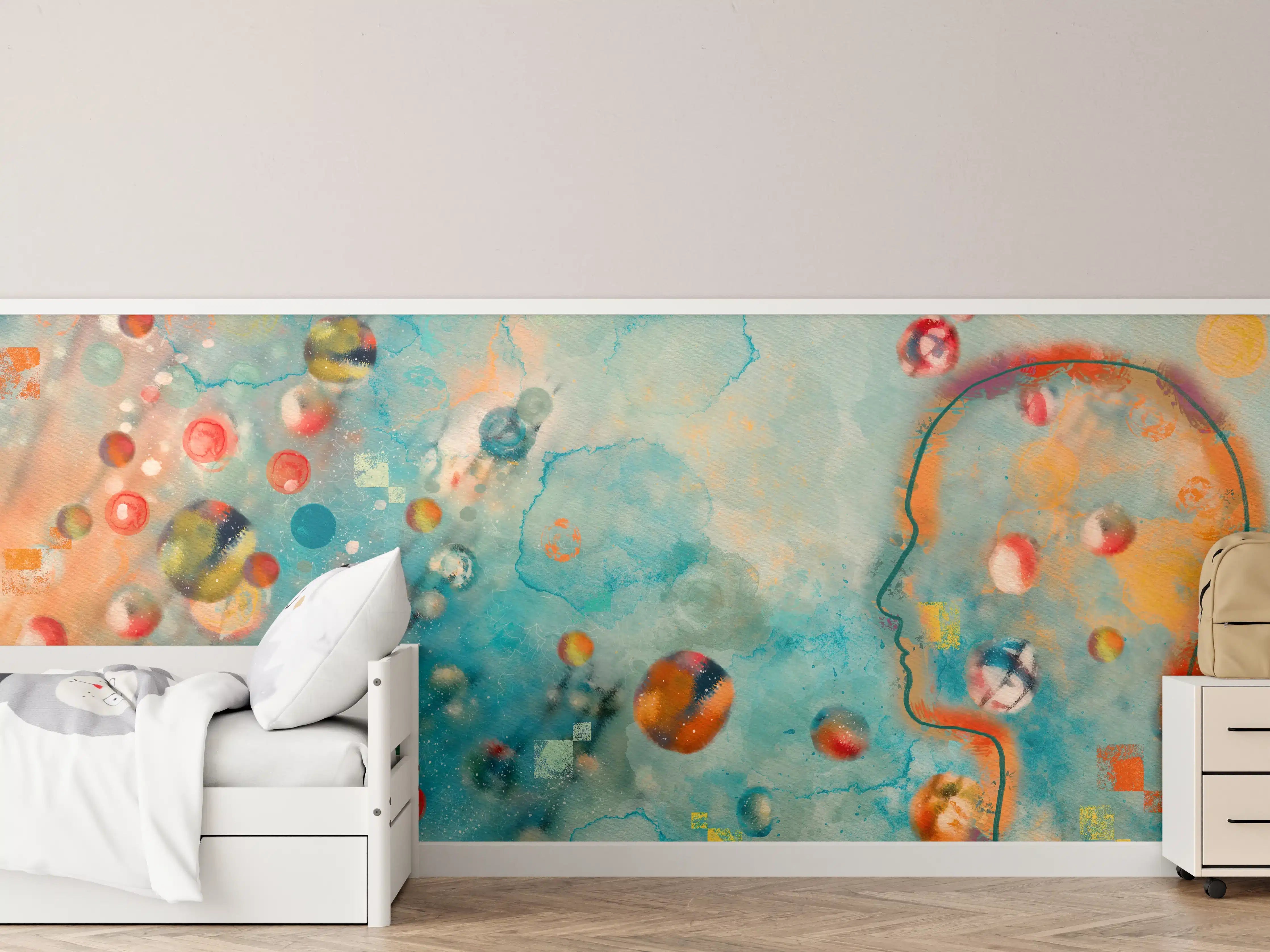 Kinderzimmer Wandgestaltung - Abstrakte Kunstdruck mit bunten Farbklecksen und hellblauem Himmelshintergrund