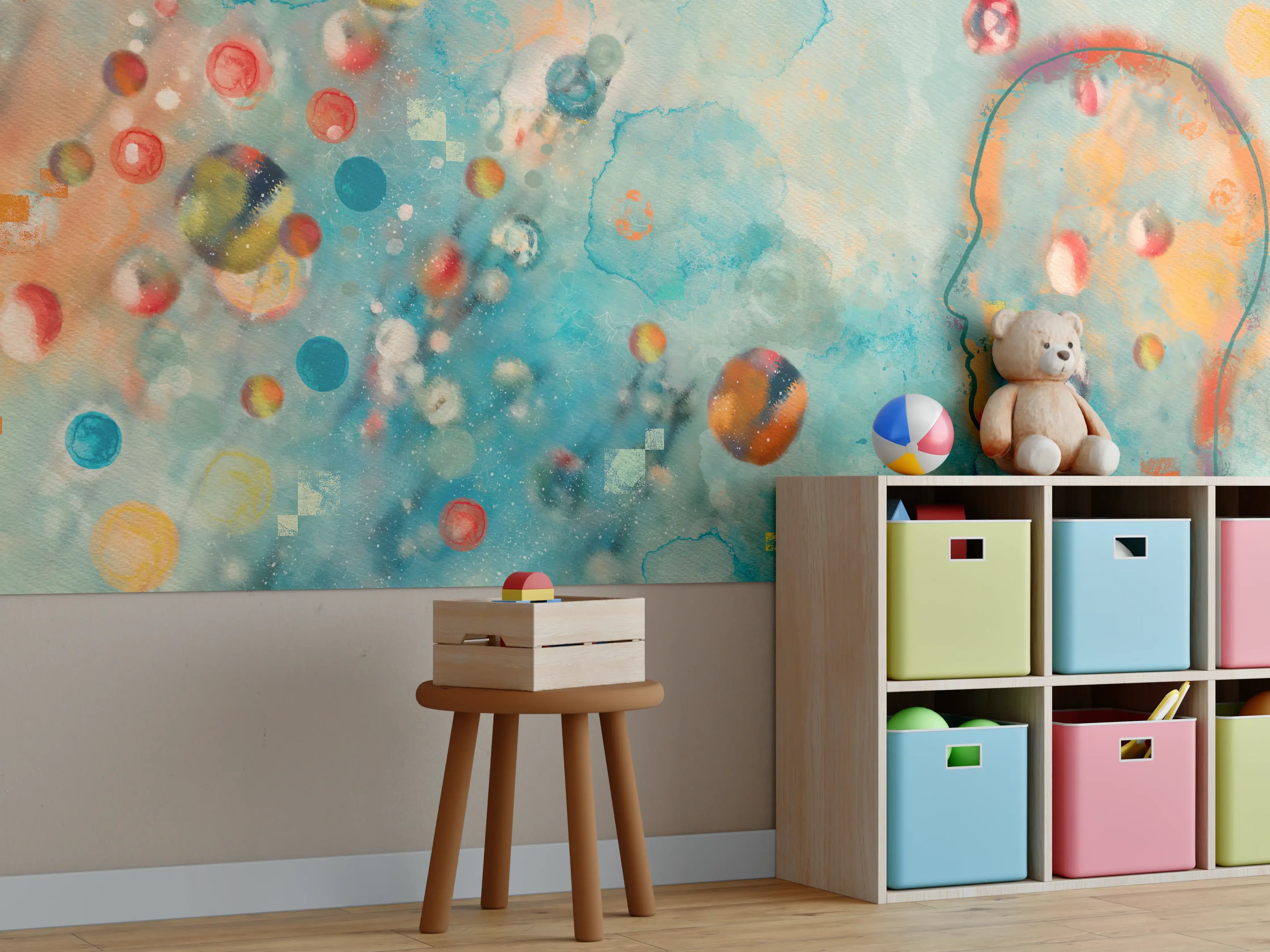 Kinderzimmer Wandgestaltung - Abstrakte Kunstdruck mit bunten Farbklecksen und hellblauem Himmelshintergrund