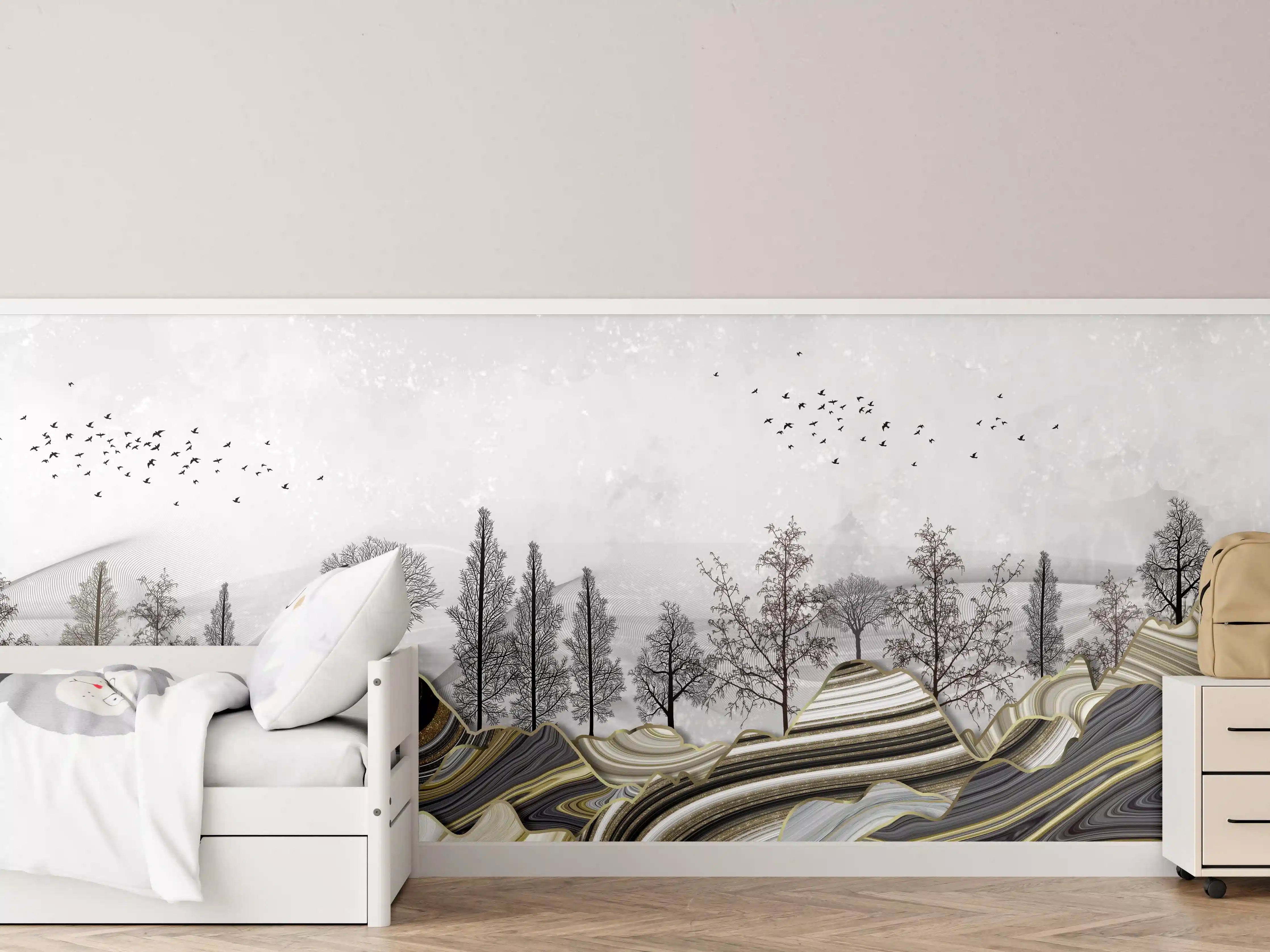 Kinderzimmer Wandgestaltung - Abstrakte Landschaft mit Wolken und Silhouetten
