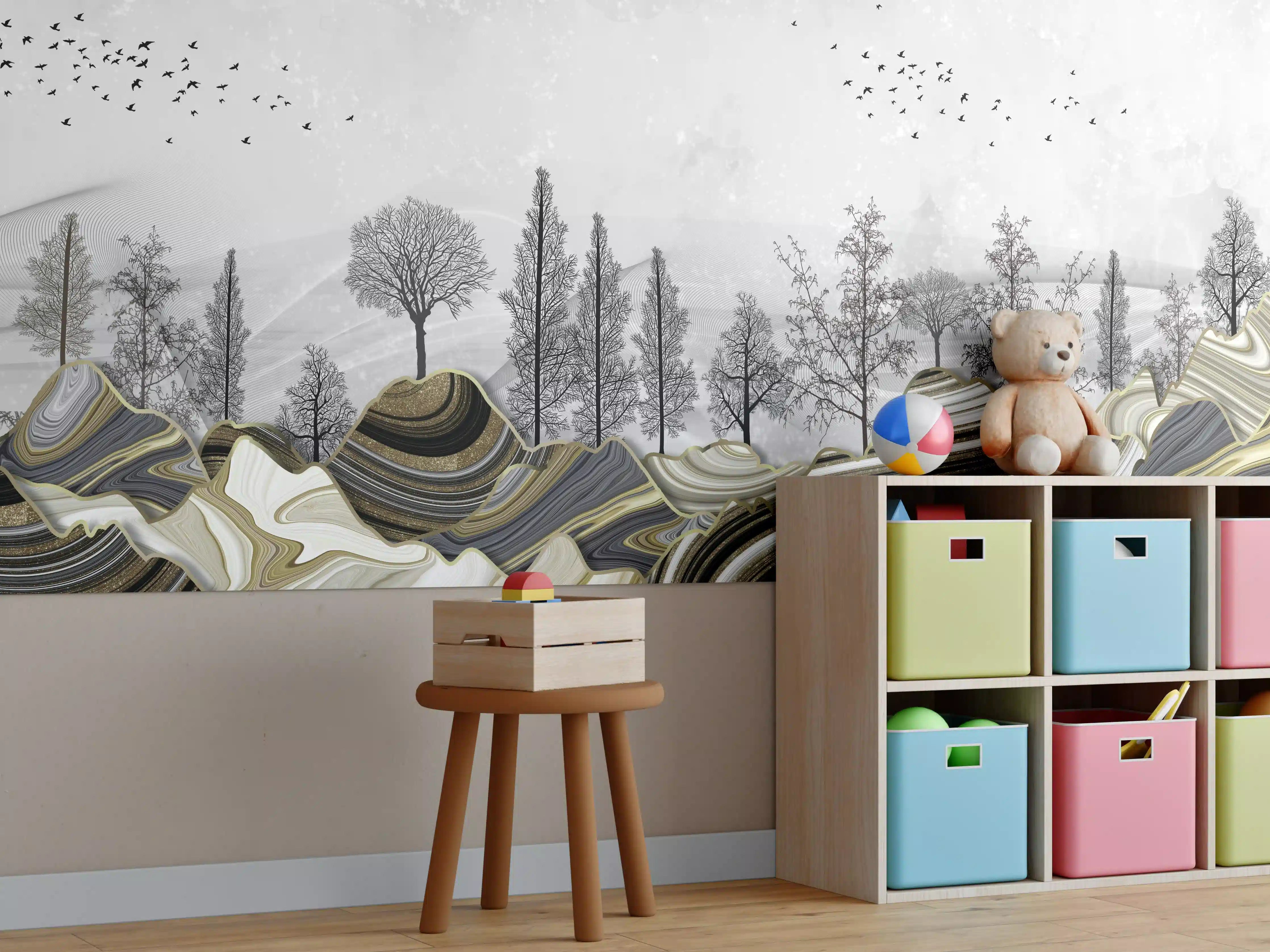 Kinderzimmer Wandgestaltung - Abstrakte Landschaft mit Wolken und Silhouetten