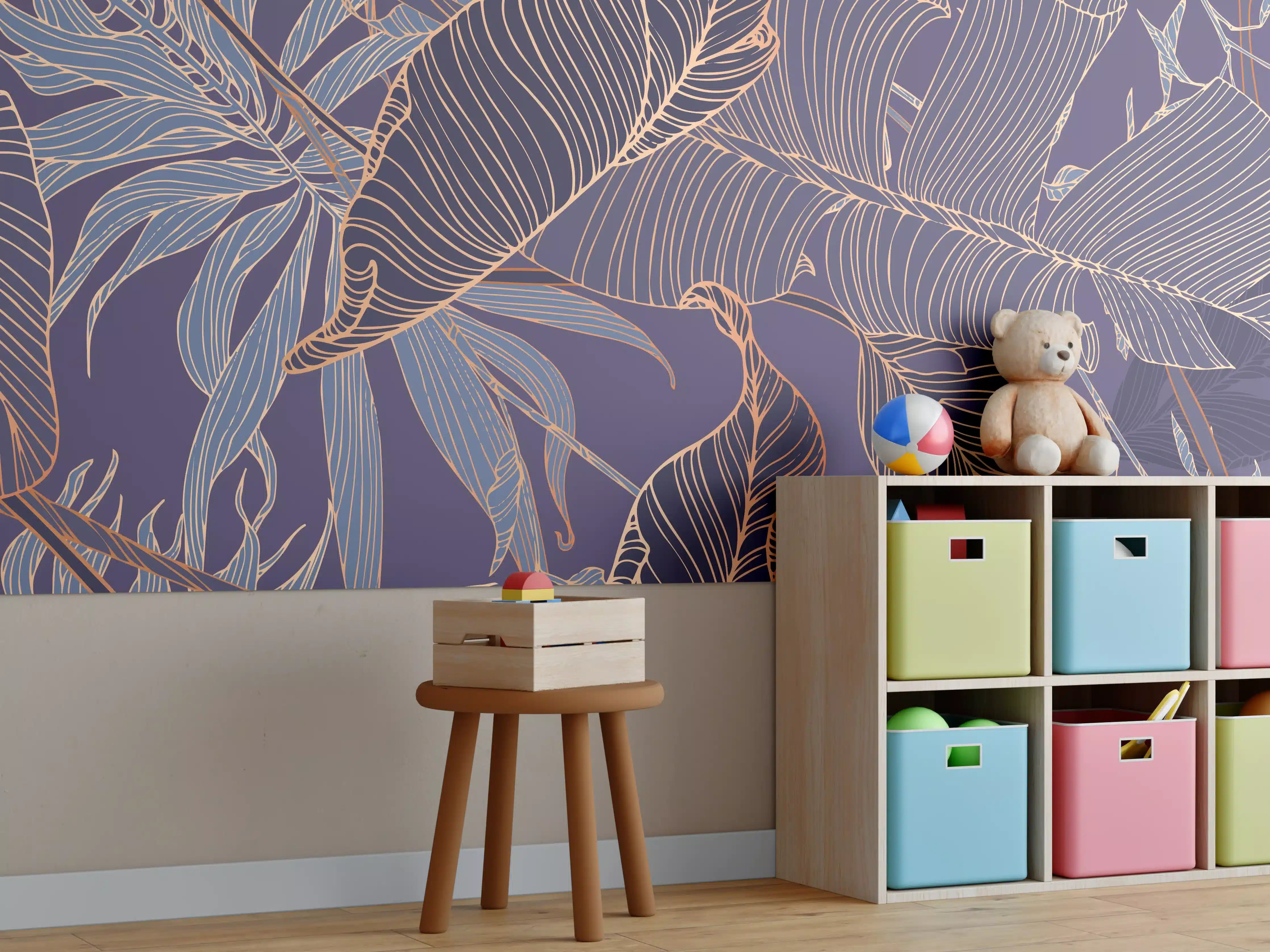 Kinderzimmer Wandgestaltung - Abstrakte Lila-Goldene Blattmuster