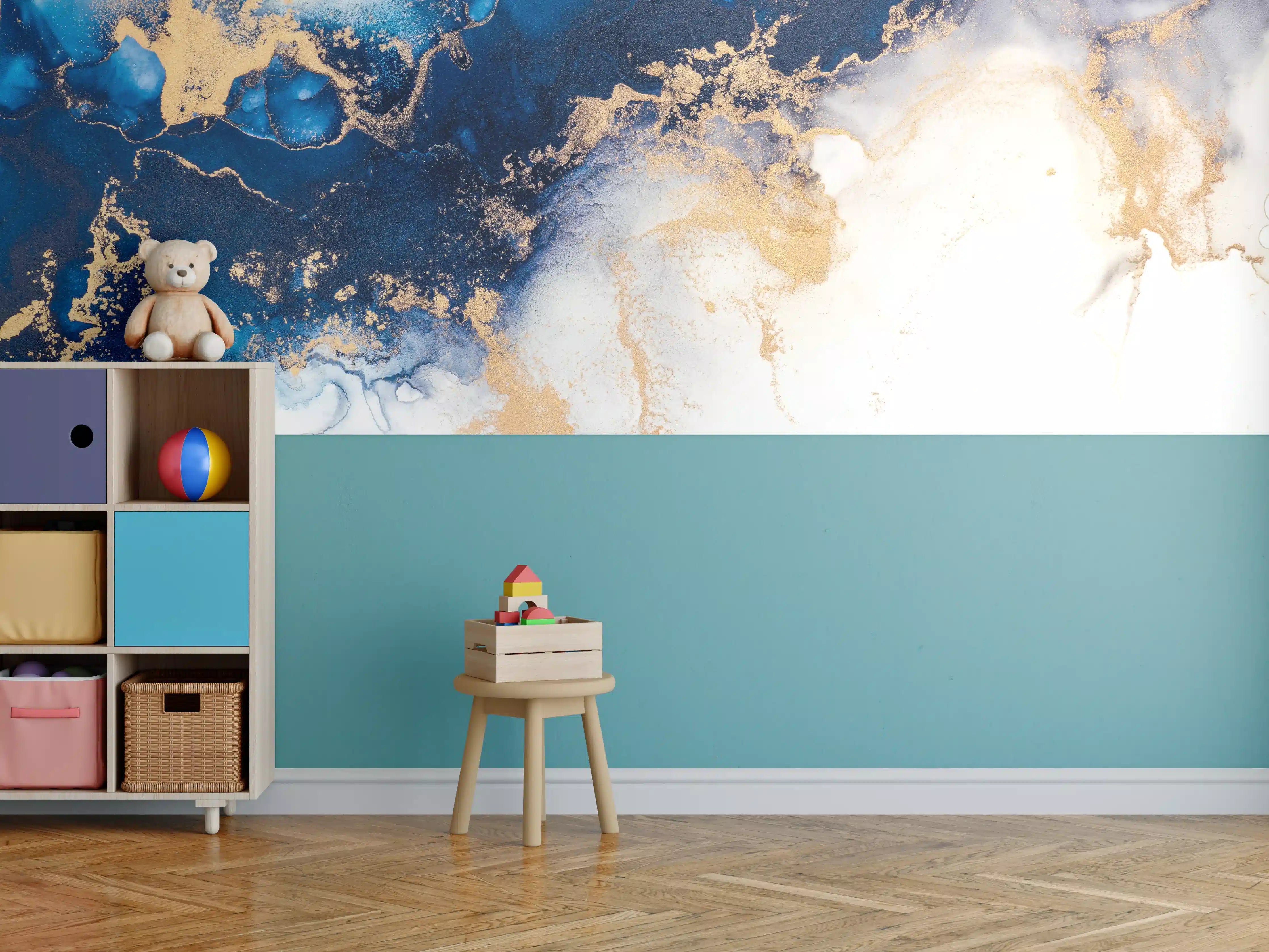Kinderzimmer Wandgestaltung - Abstrakte Marmortinte in Blau-Gold