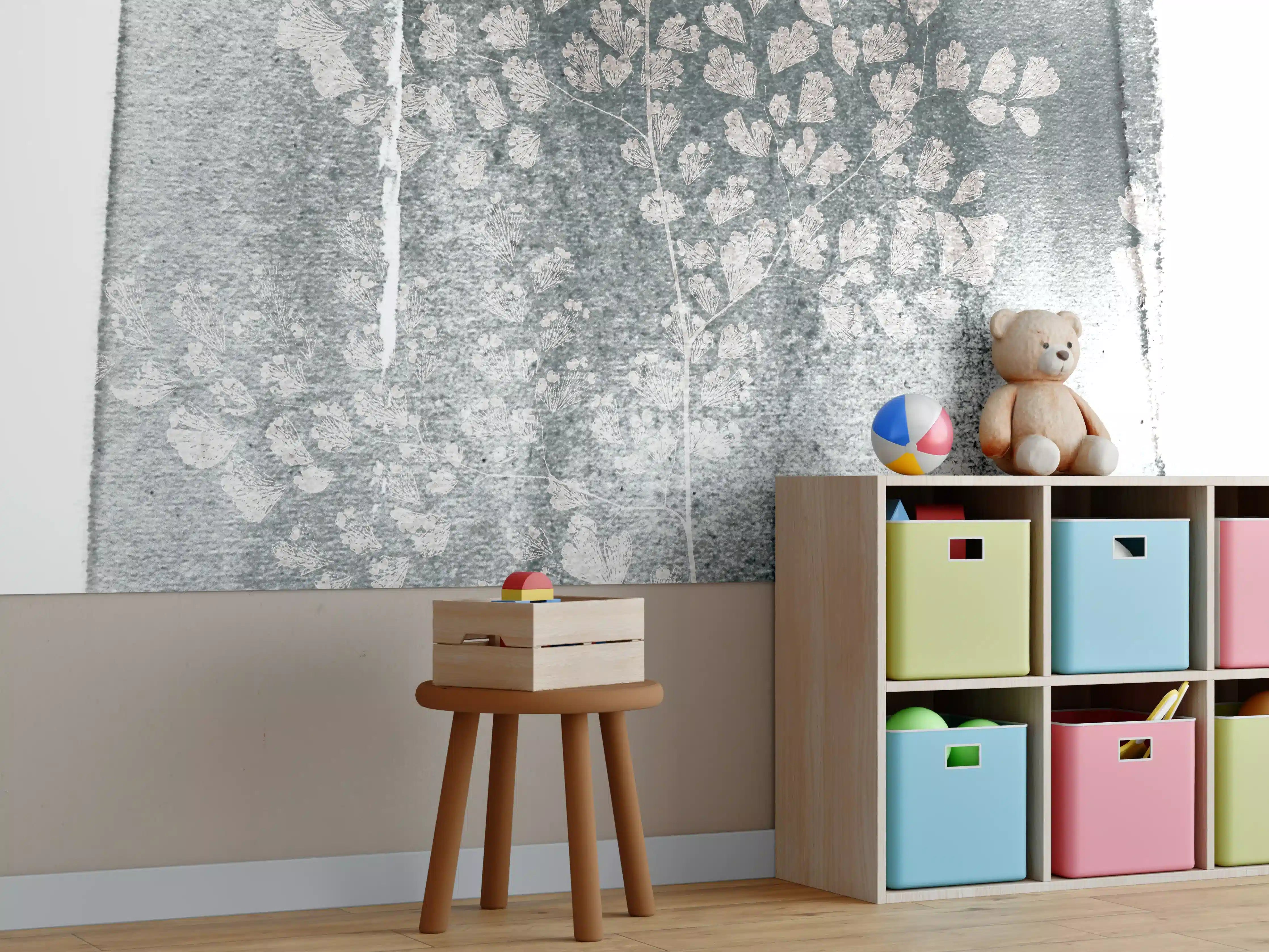 Kinderzimmer Wandgestaltung - Abstrakte Pflanzenmuster in Grau