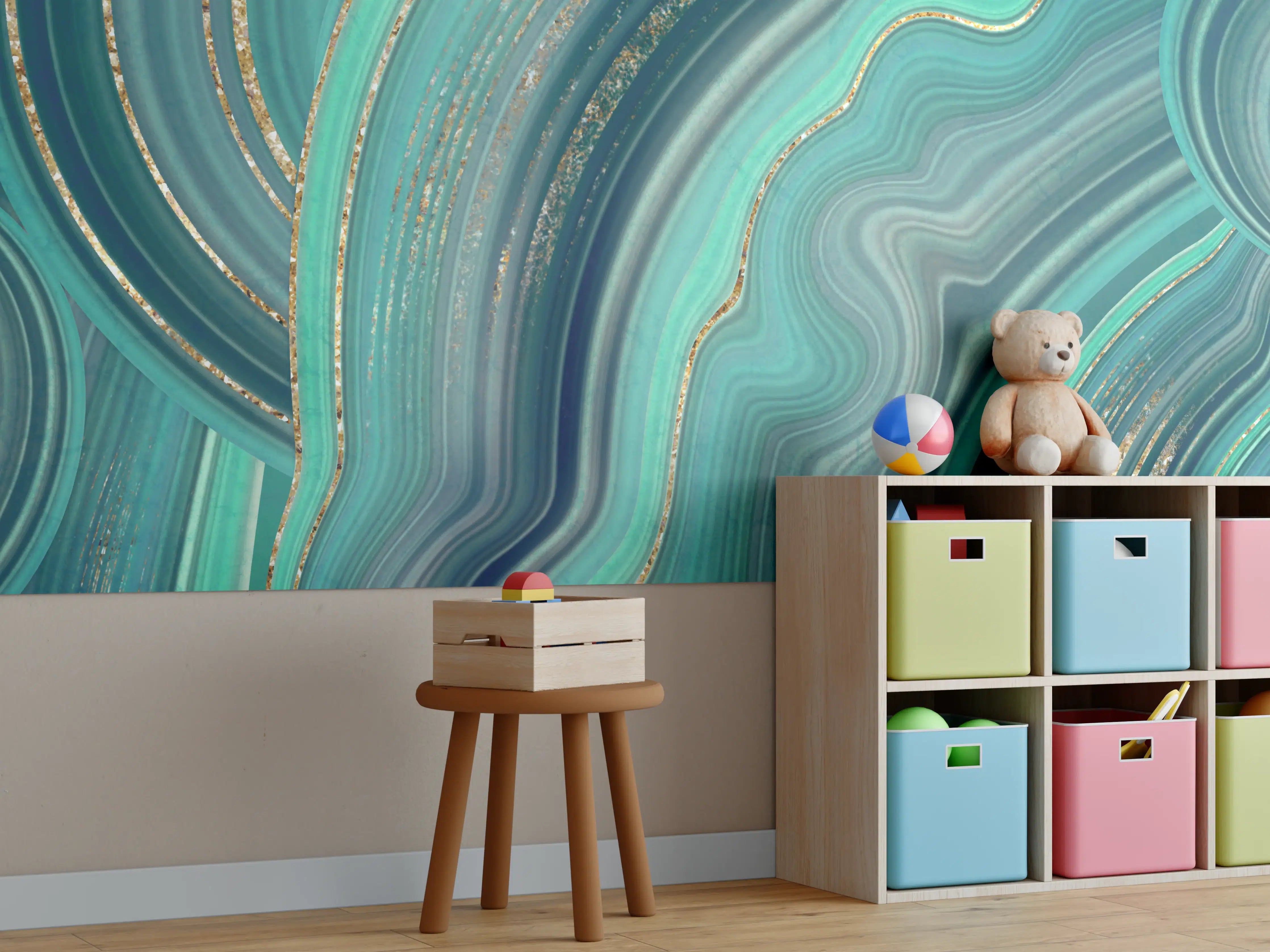 Kinderzimmer Wandgestaltung - Abstrakte Türkis- und Gold-Marmor-Textur