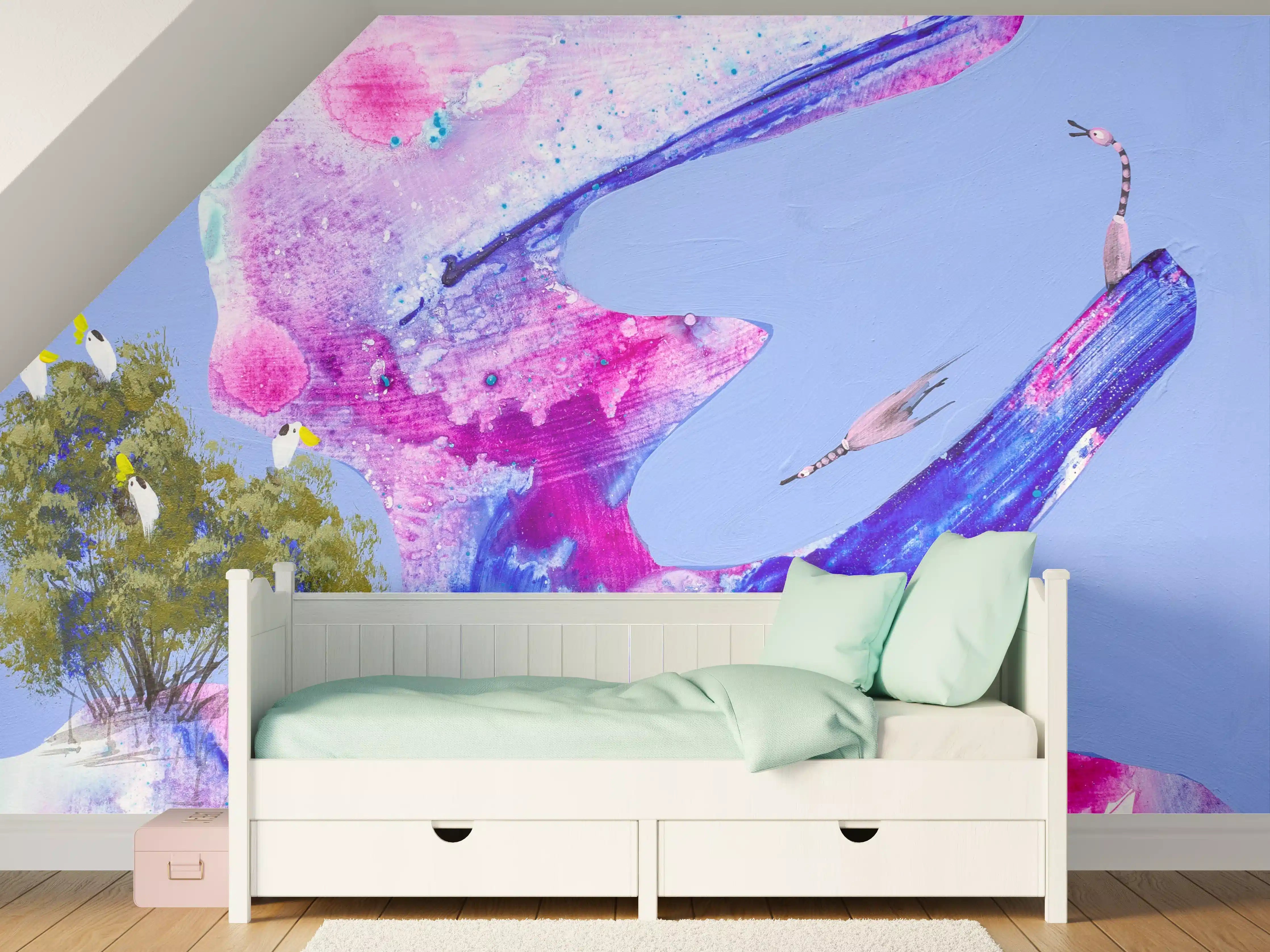 Kinderzimmer Wandgestaltung - Abstrakte Wasserfarbenkunst in Blau und Pink