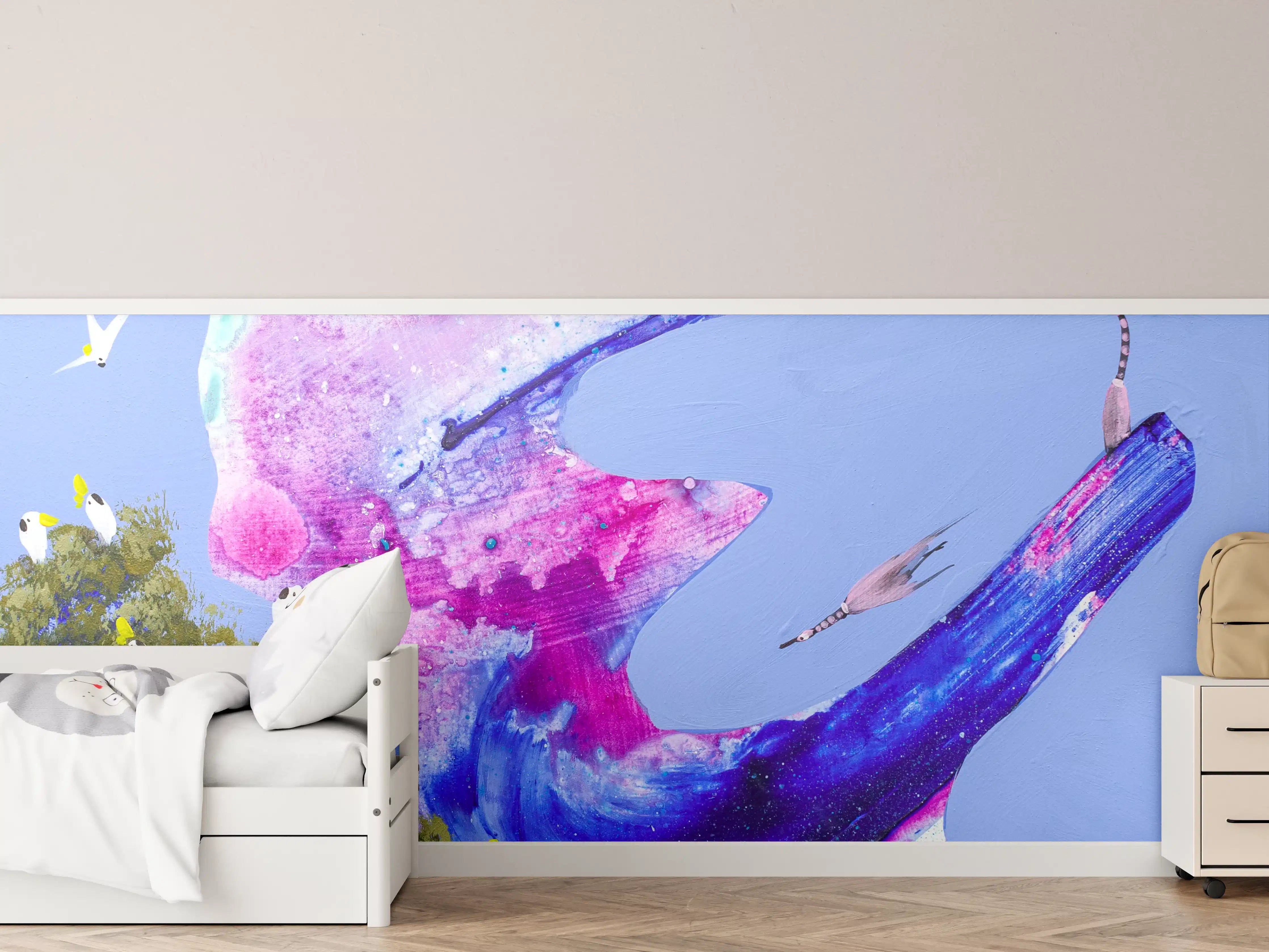 Kinderzimmer Wandgestaltung - Abstrakte Wasserfarbenkunst in Blau und Pink