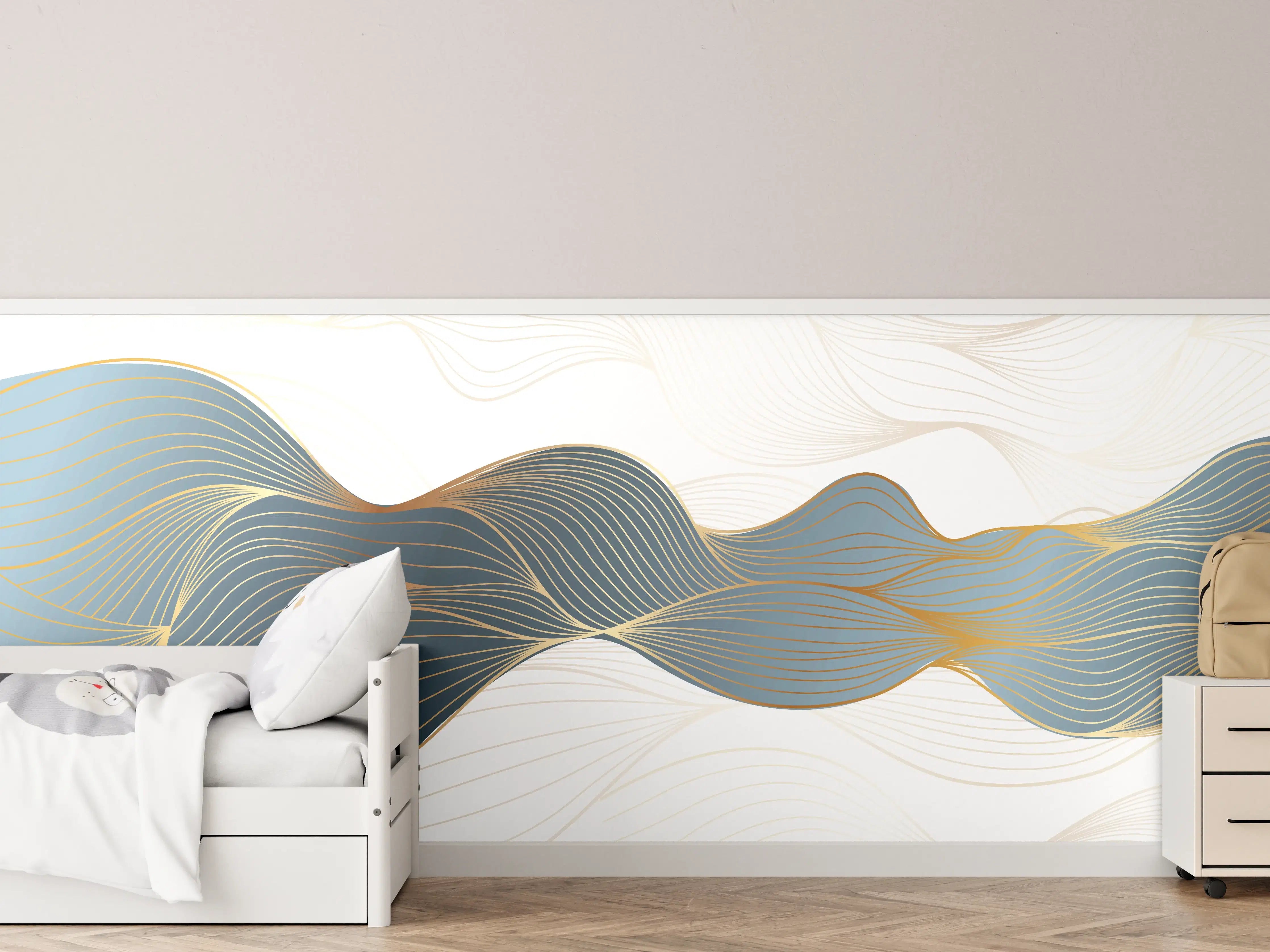 Kinderzimmer Wandgestaltung - Abstrakte Wellenlinien Gold Blau