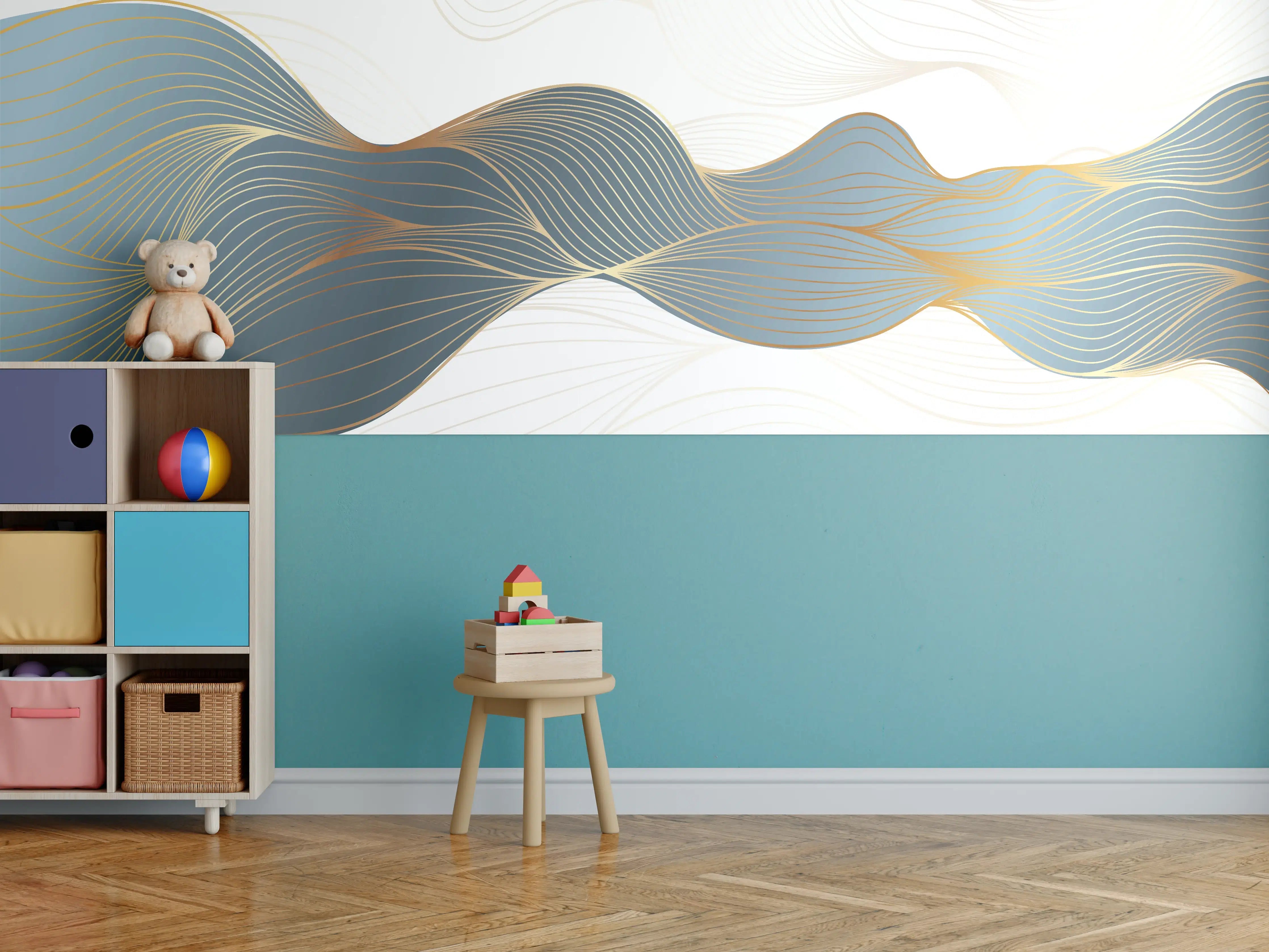 Kinderzimmer Wandgestaltung - Abstrakte Wellenlinien Gold Blau