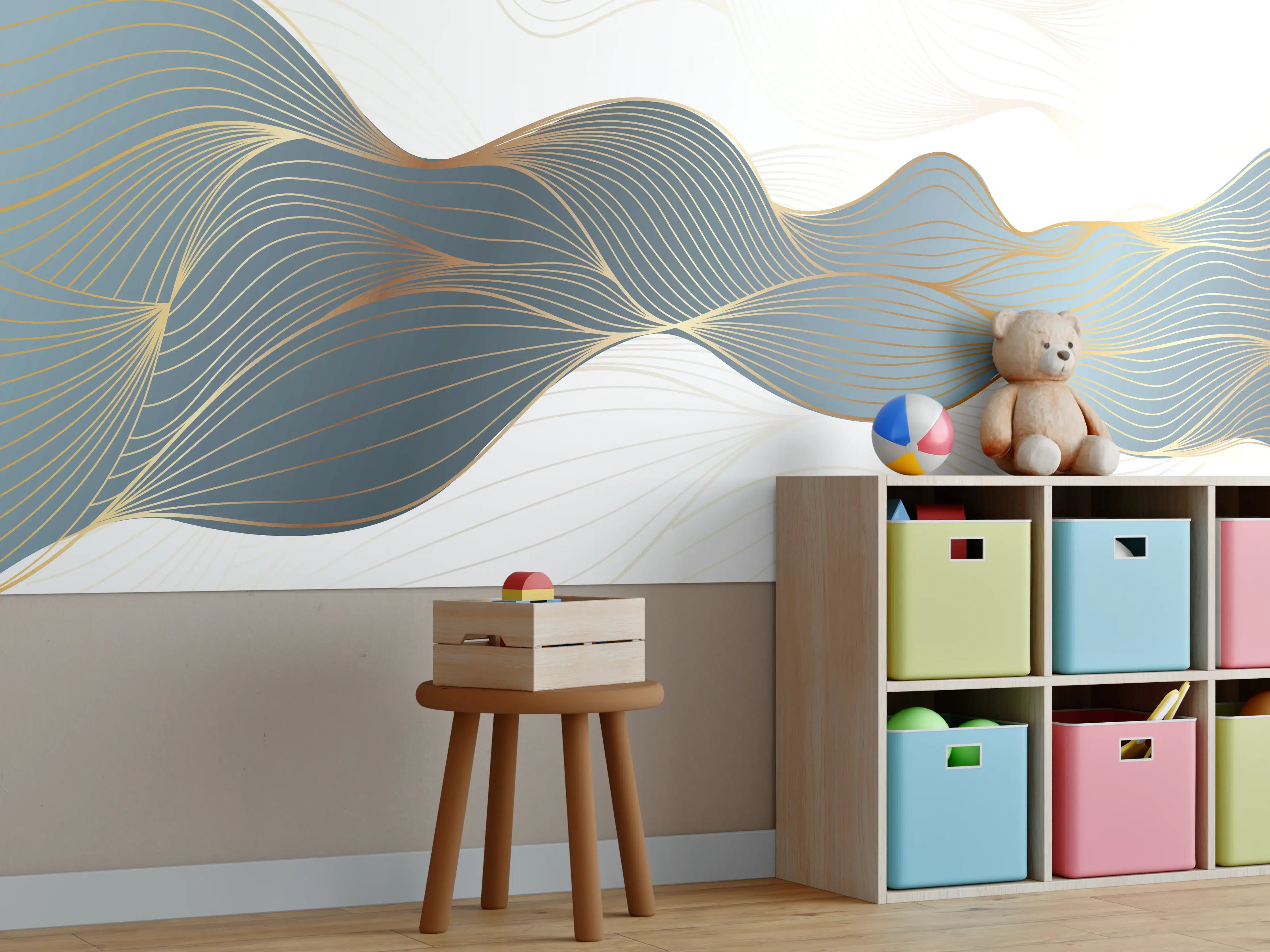 Kinderzimmer Wandgestaltung - Abstrakte Wellenlinien Gold Blau
