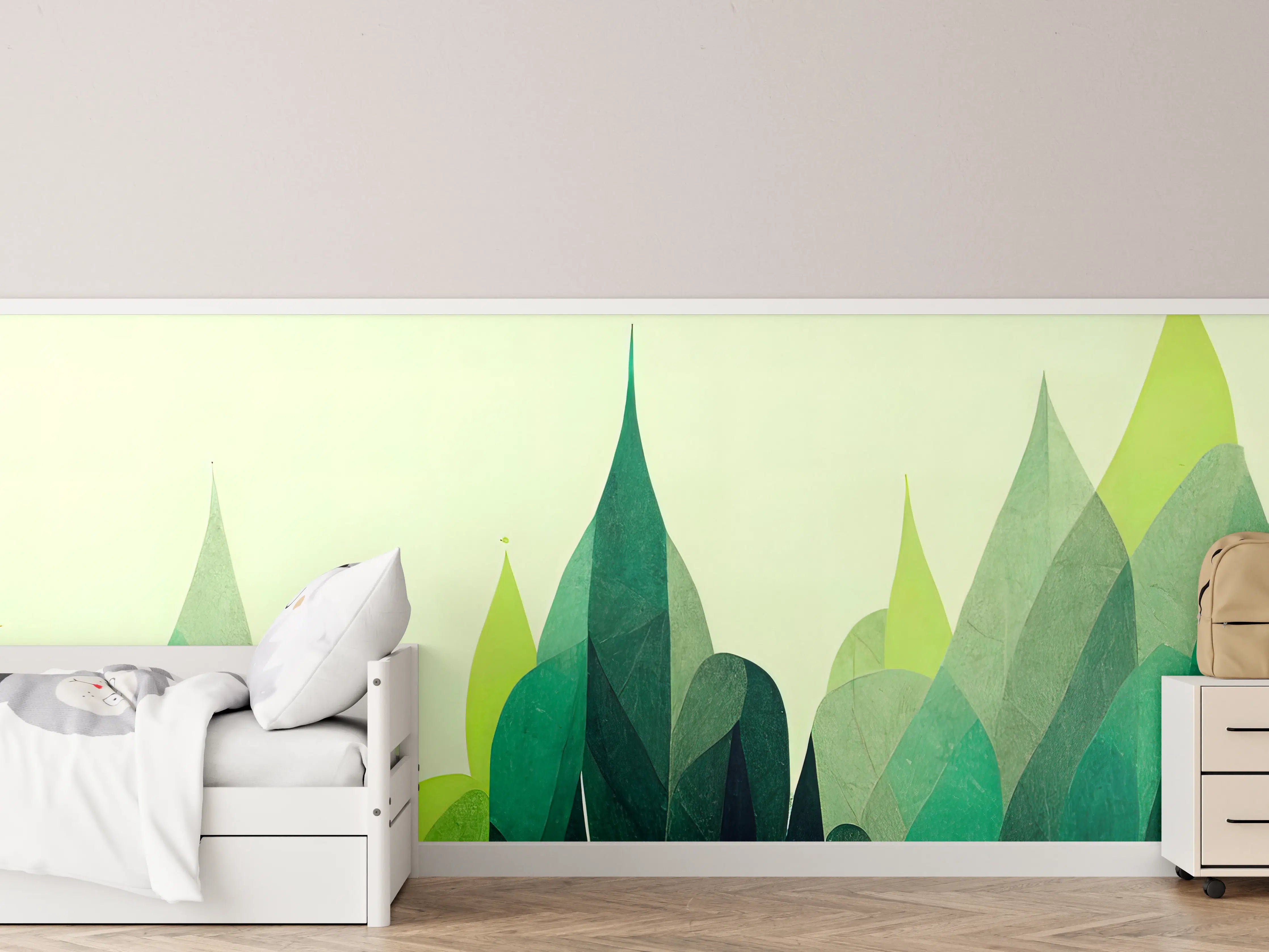 Kinderzimmer Wandgestaltung - Abstrakte grüne Berglandschaft in Wasserfarben-Optik