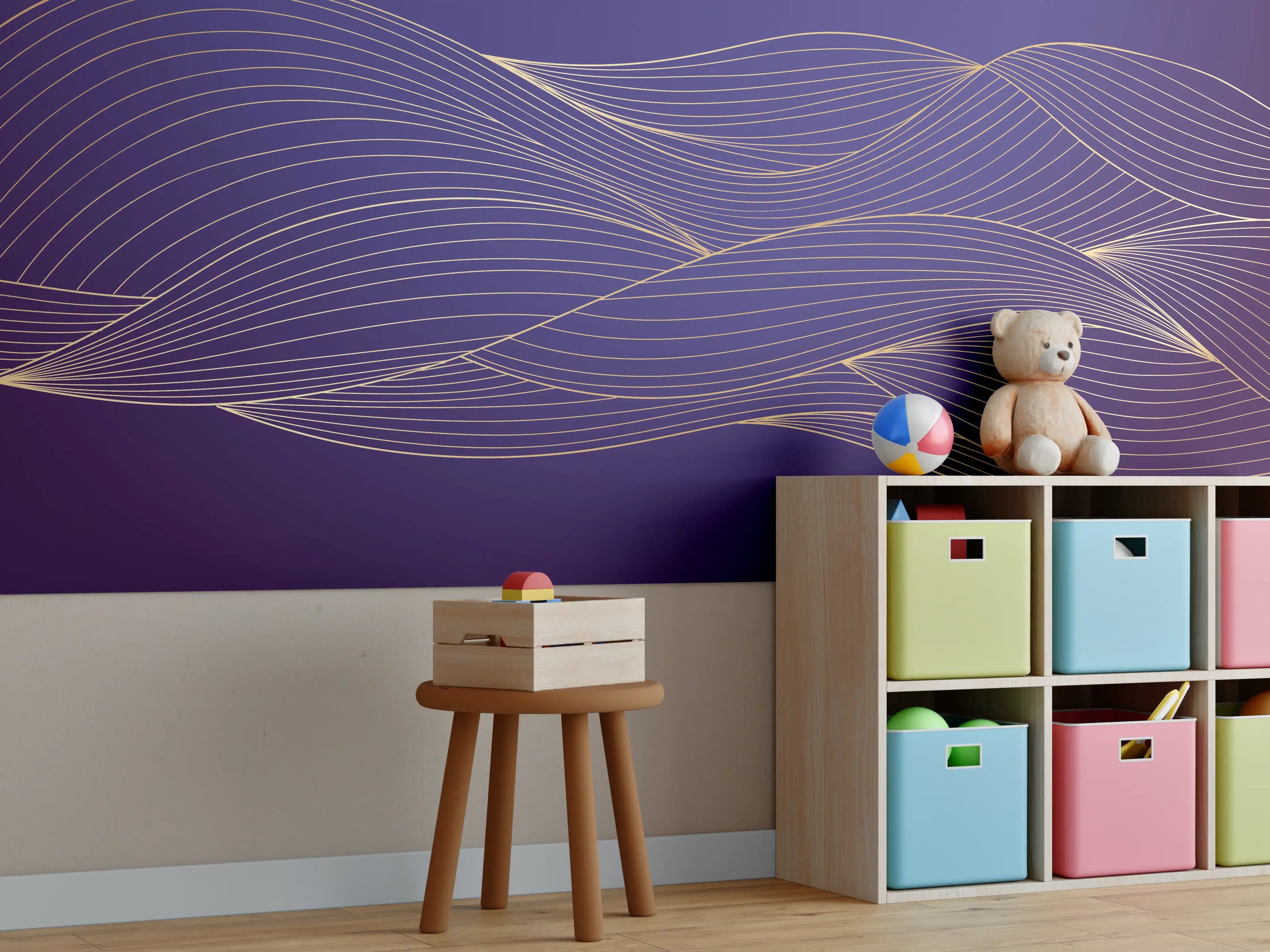 Kinderzimmer Wandgestaltung - Abstrakte lila Wellenlinien Kunst