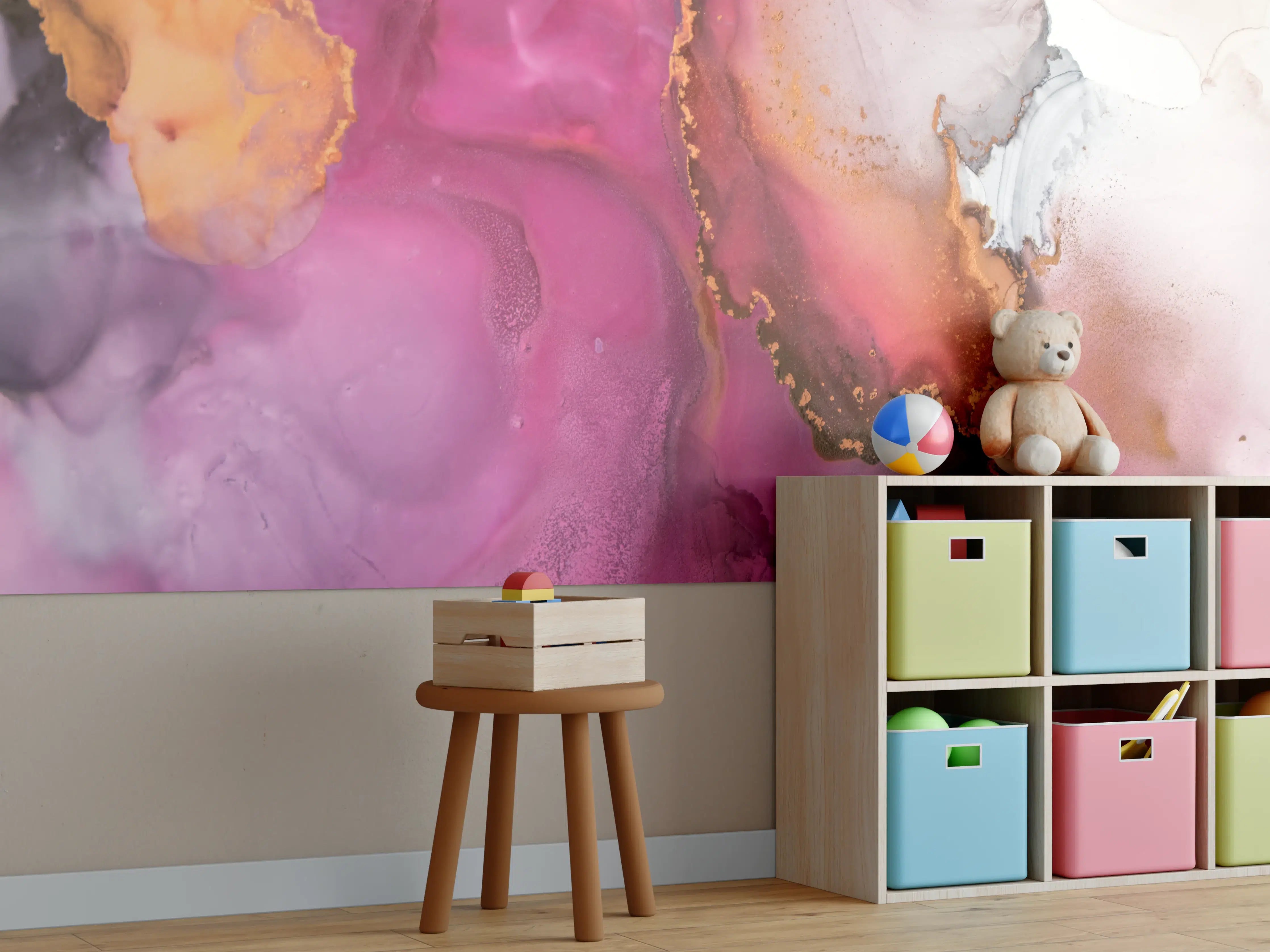 Kinderzimmer Wandgestaltung - Abstrakte pinke Tinte mit Goldelementen