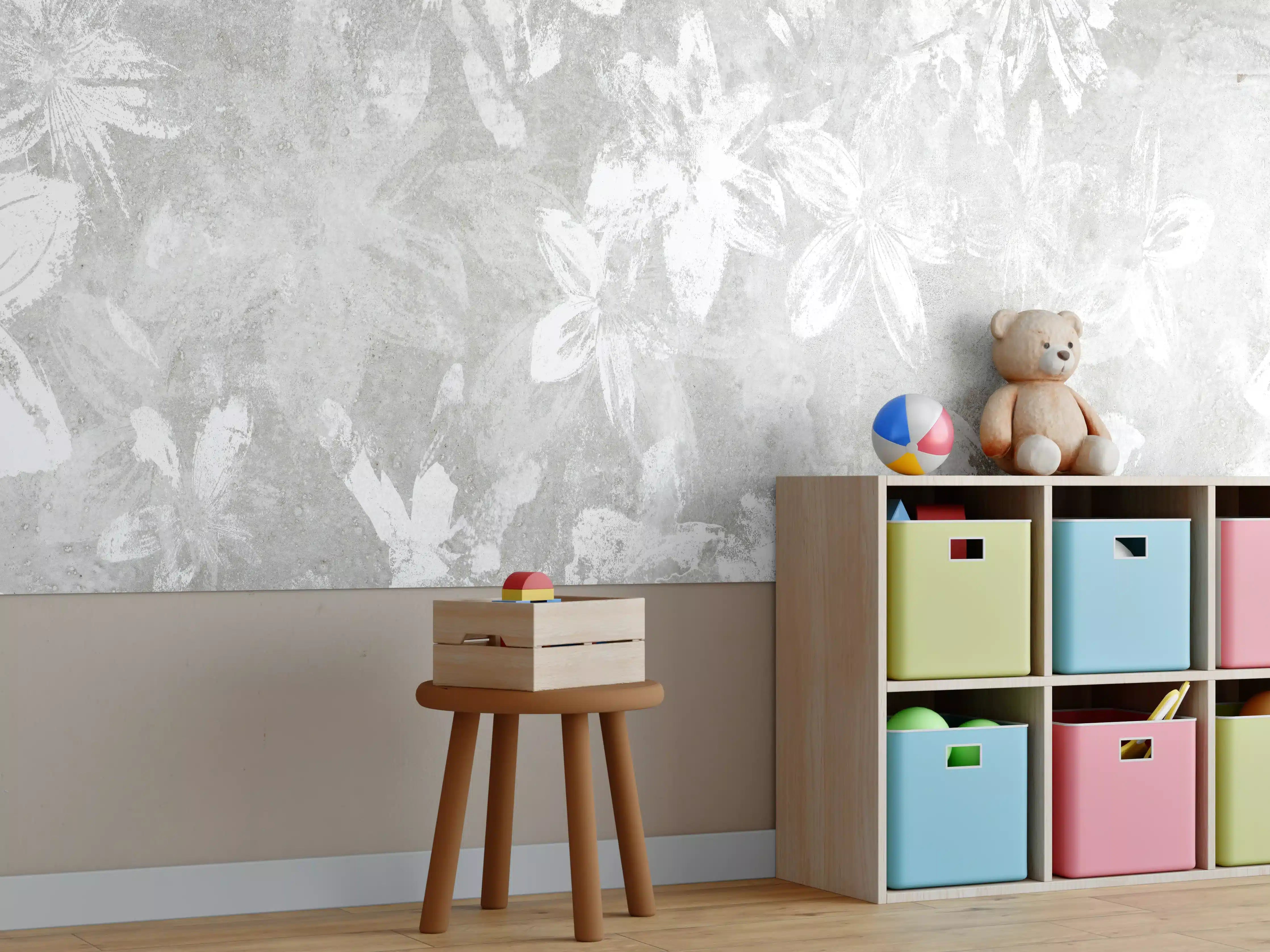 Kinderzimmer Wandgestaltung - Abstrakte weiße Blumen auf Beton