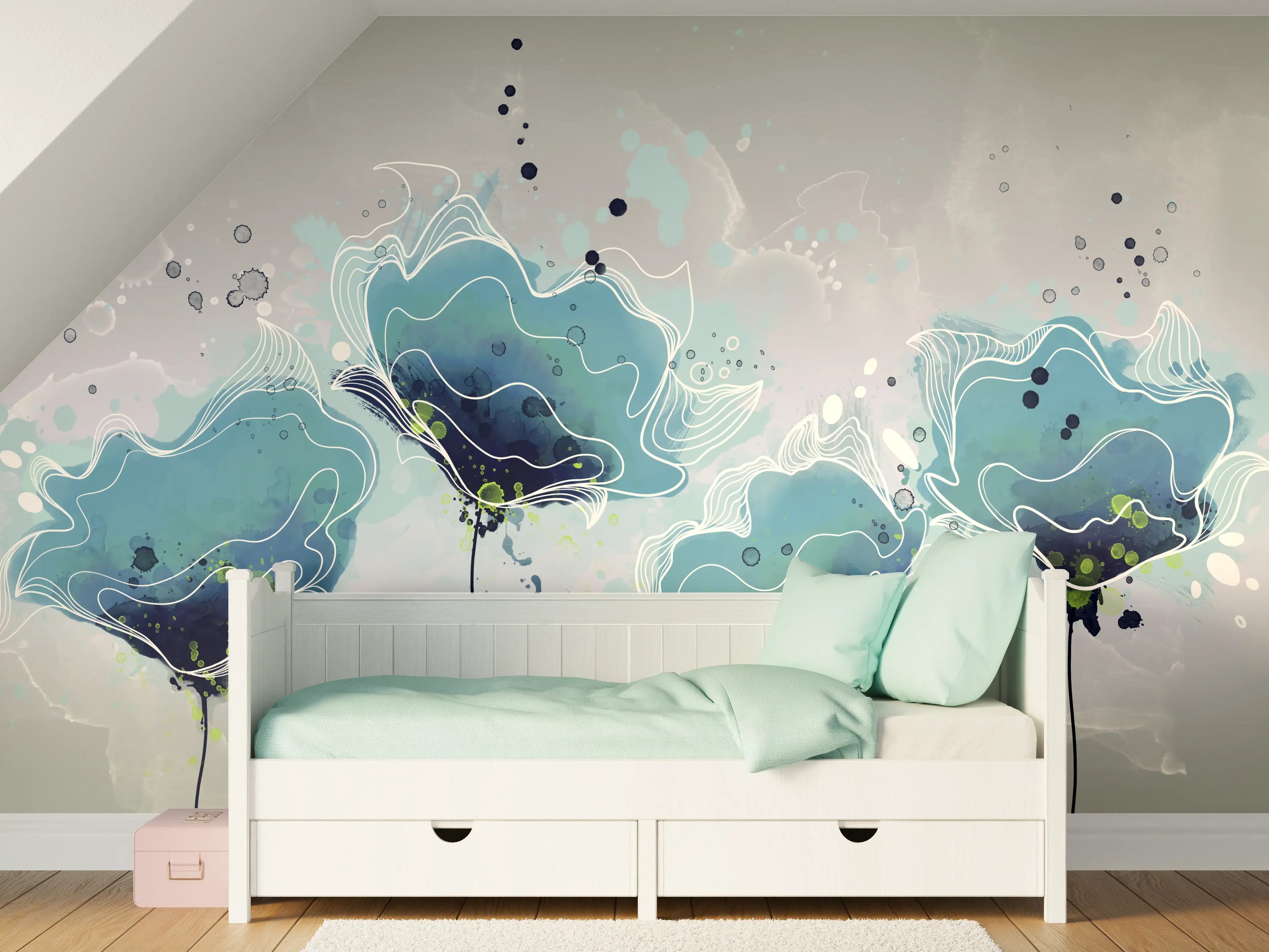 Kinderzimmer Wandgestaltung - Abstrakten blauen Aquarellblumen