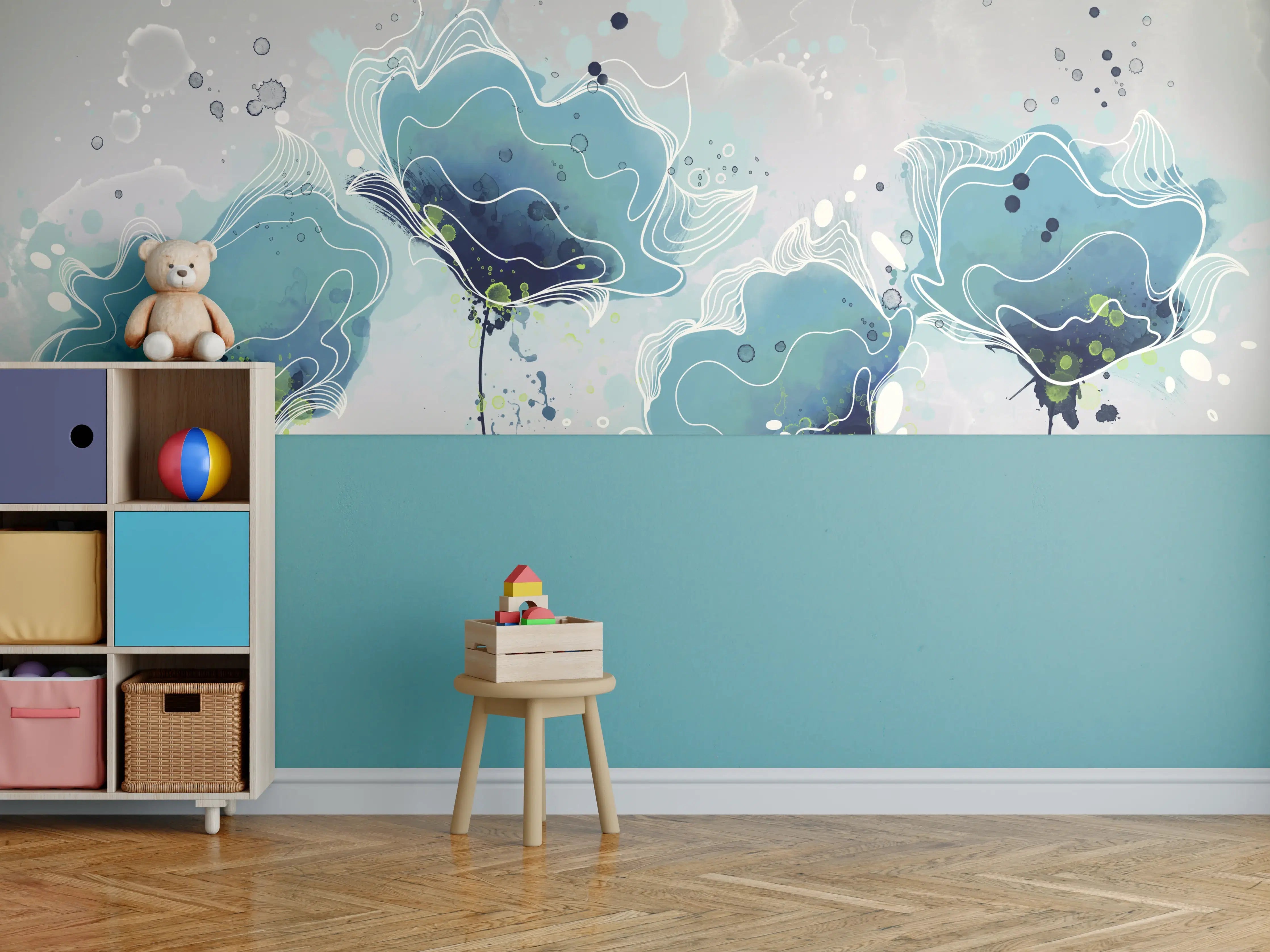 Kinderzimmer Wandgestaltung - Abstrakten blauen Aquarellblumen