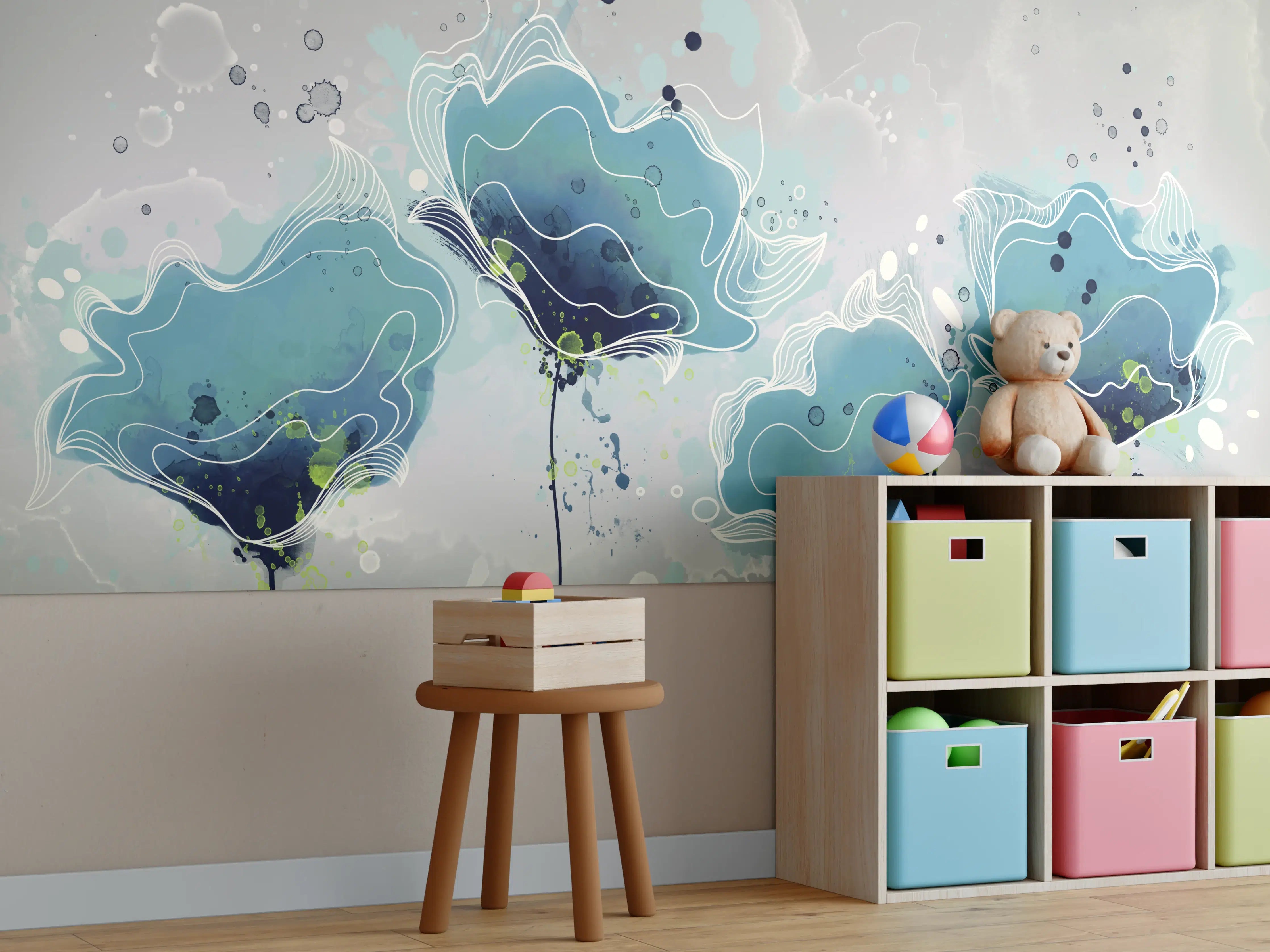 Kinderzimmer Wandgestaltung - Abstrakten blauen Aquarellblumen