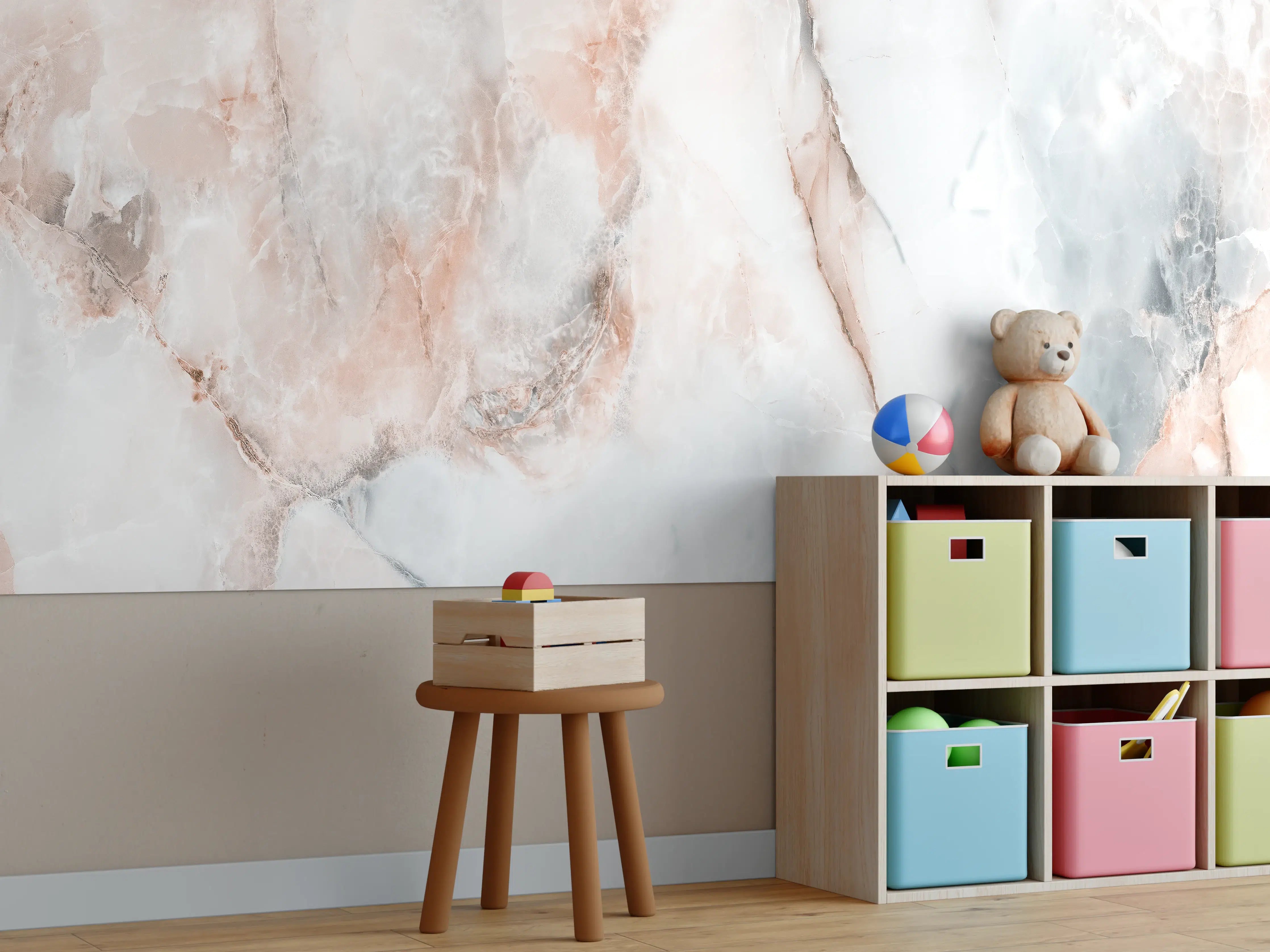 Kinderzimmer Wandgestaltung - Abstrakter Marmor mit Rot-Grauen Naturfarben