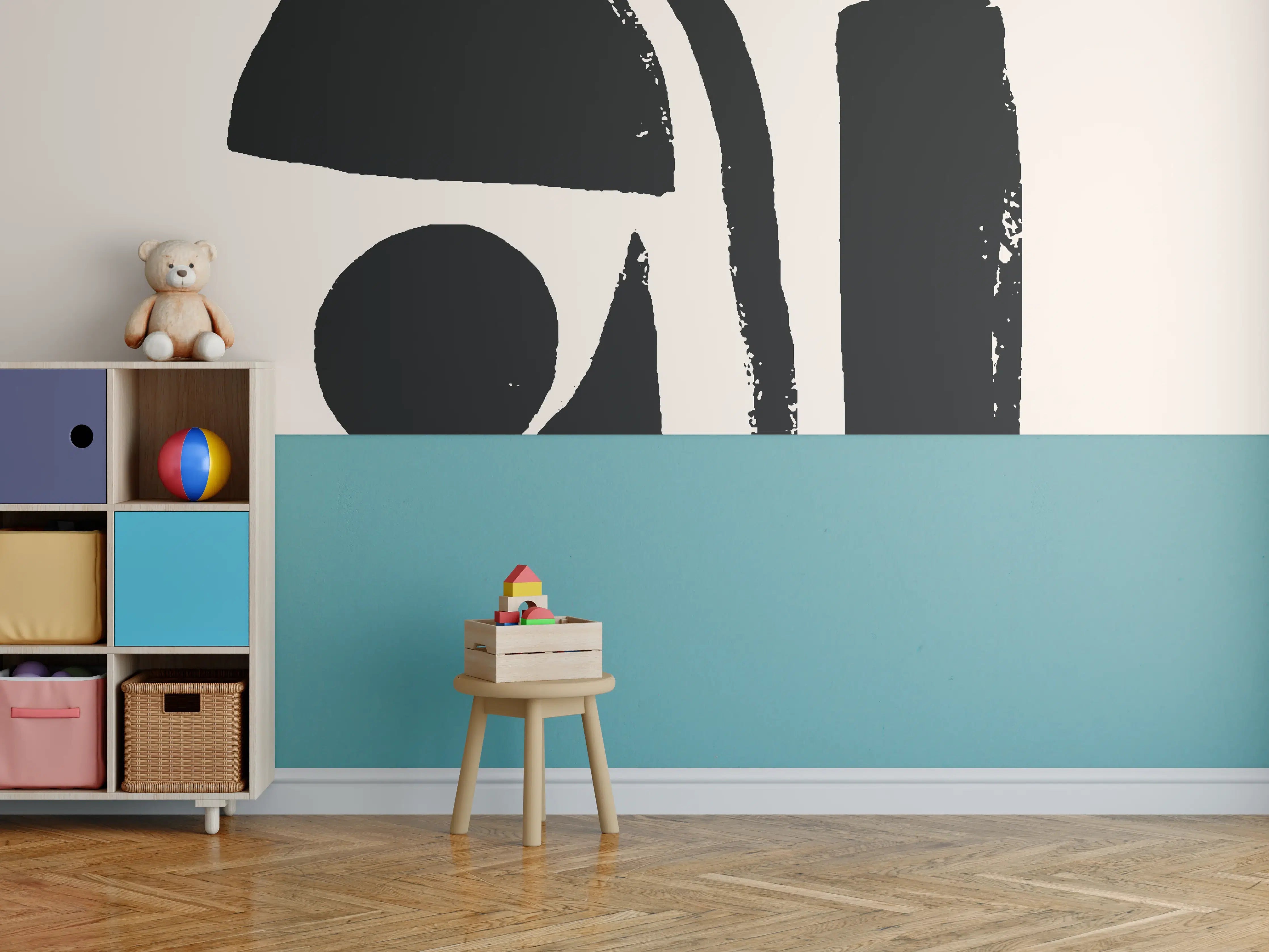 Kinderzimmer Wandgestaltung - Abstraktes Elfenbein-Schwarz-Kunstwerk
