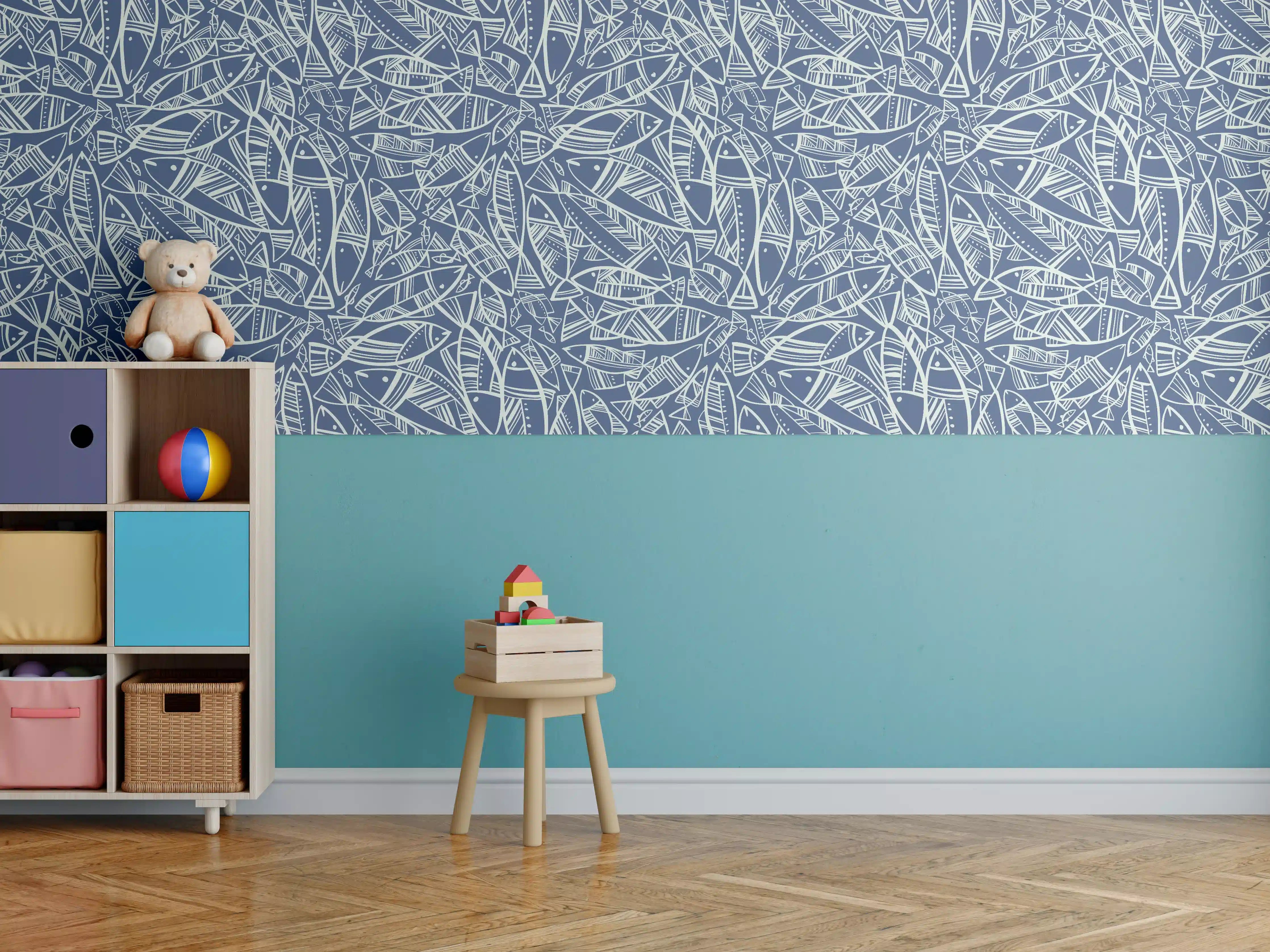 Kinderzimmer Wandgestaltung - Abstraktes Fischmuster Blau