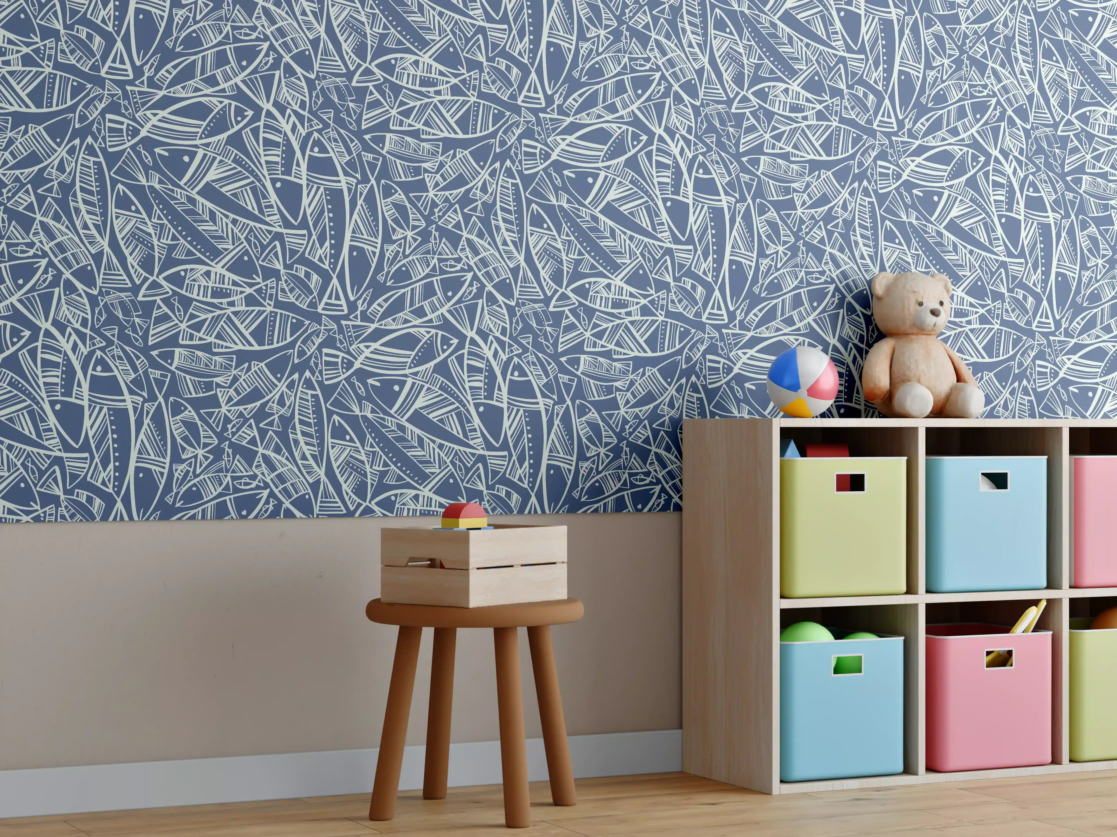 Kinderzimmer Wandgestaltung - Abstraktes Fischmuster Blau