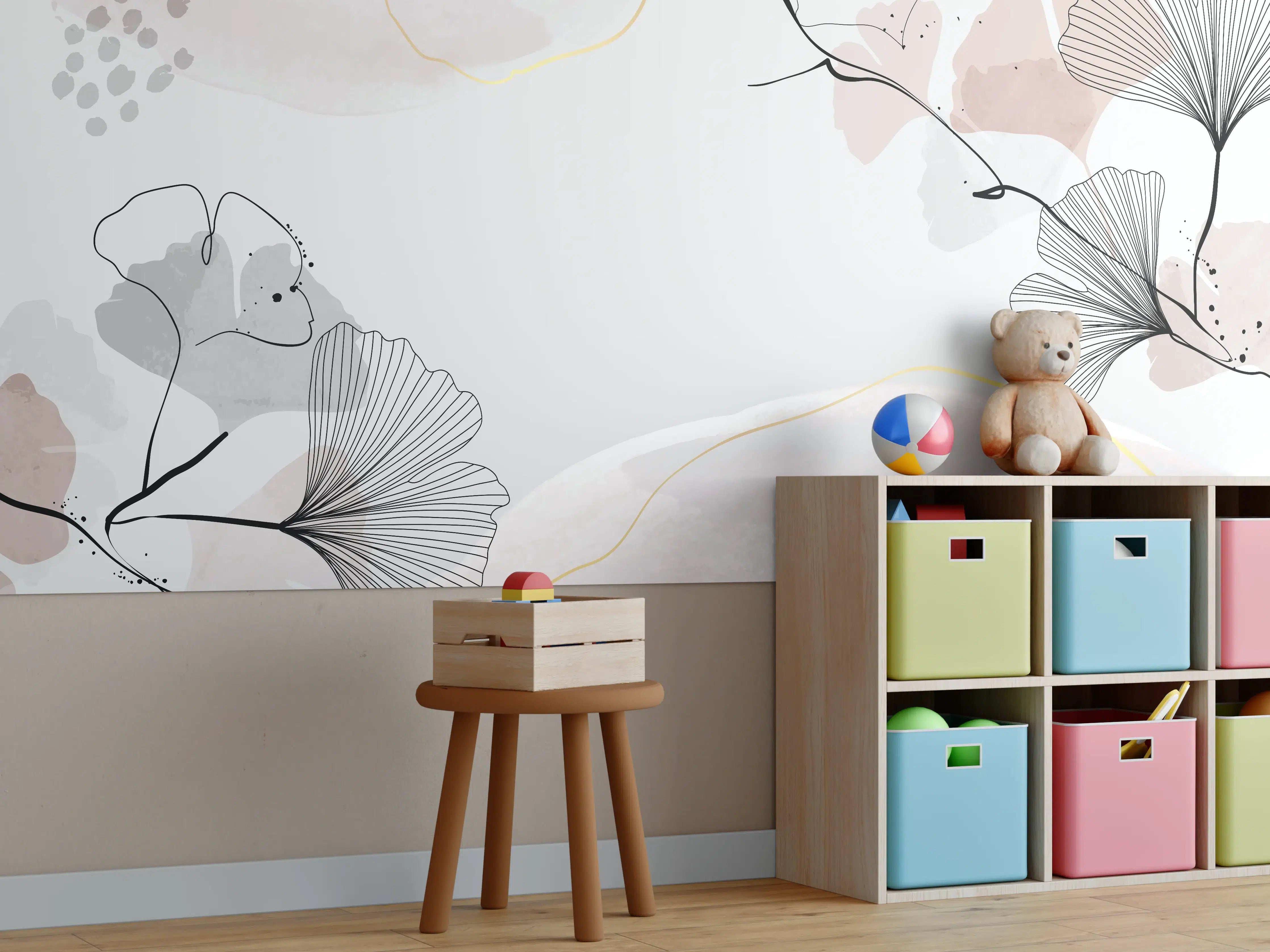Kinderzimmer Wandgestaltung - Abstraktes Ginkgo-Blatt Design