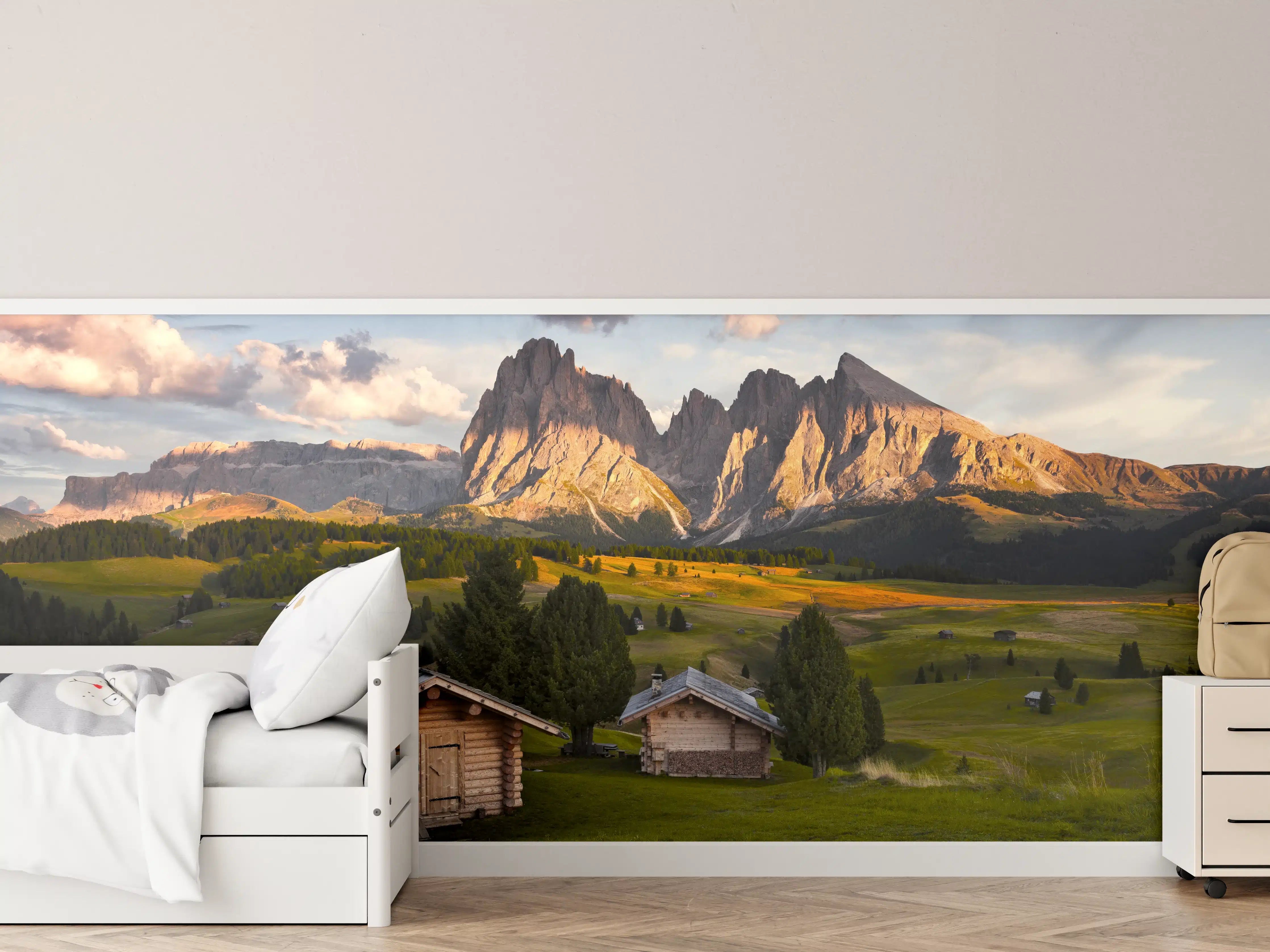 Kinderzimmer Wandgestaltung - Alpenhütten Sonnenuntergang Grün