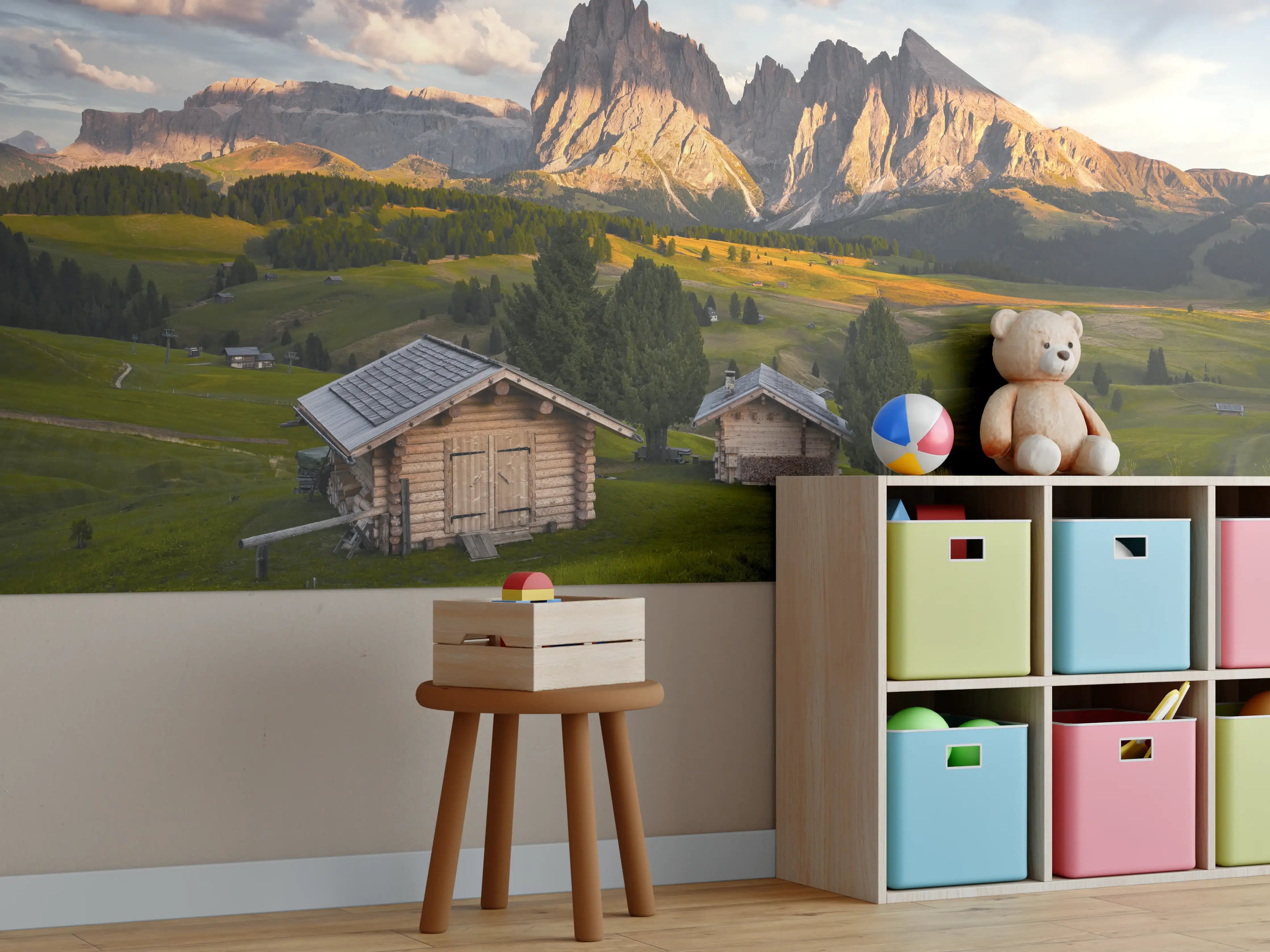 Kinderzimmer Wandgestaltung - Alpenhütten Sonnenuntergang Grün