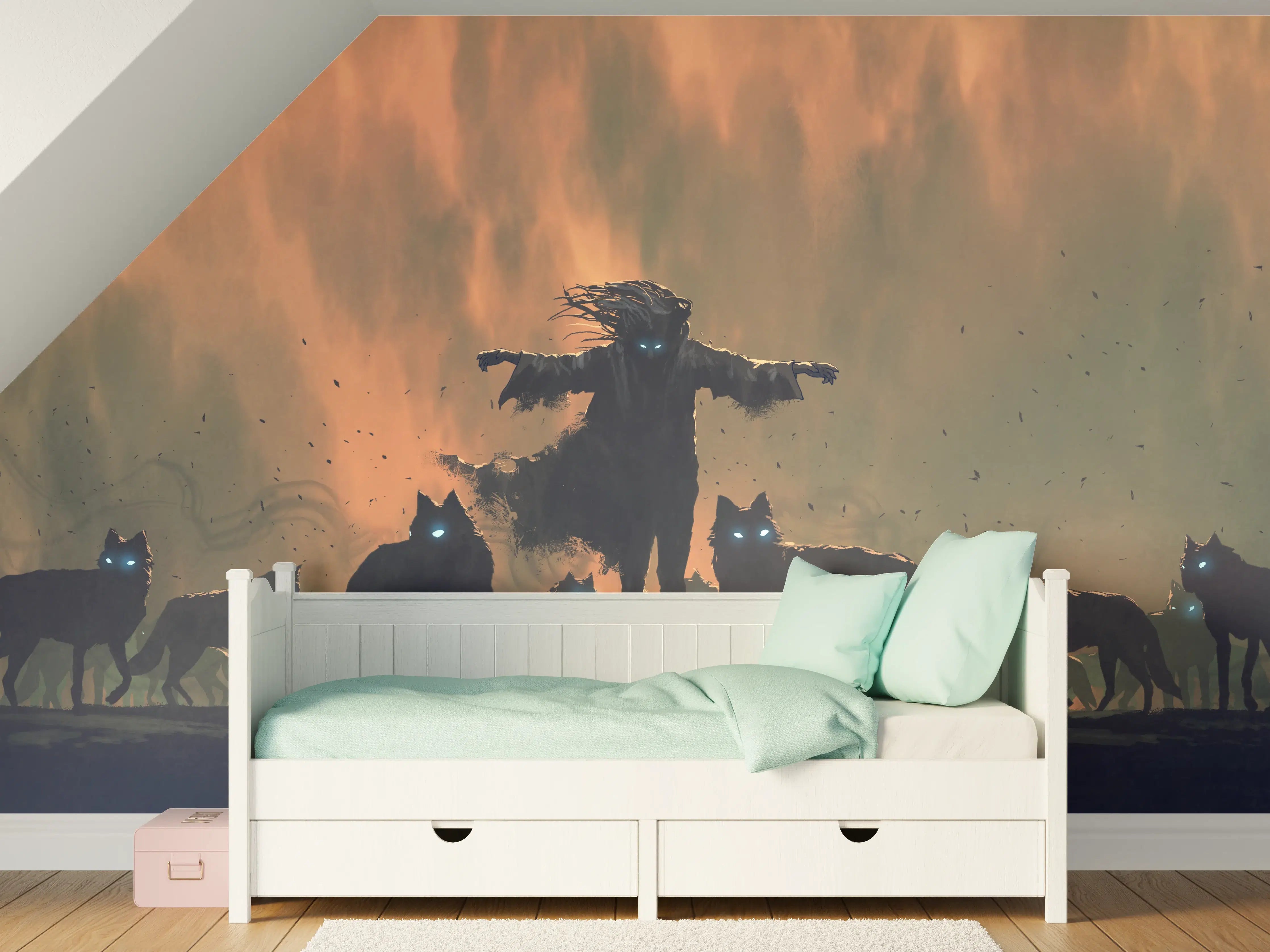 Kinderzimmer Wandgestaltung - Alpha-Wolf Silhouette Dämmerung