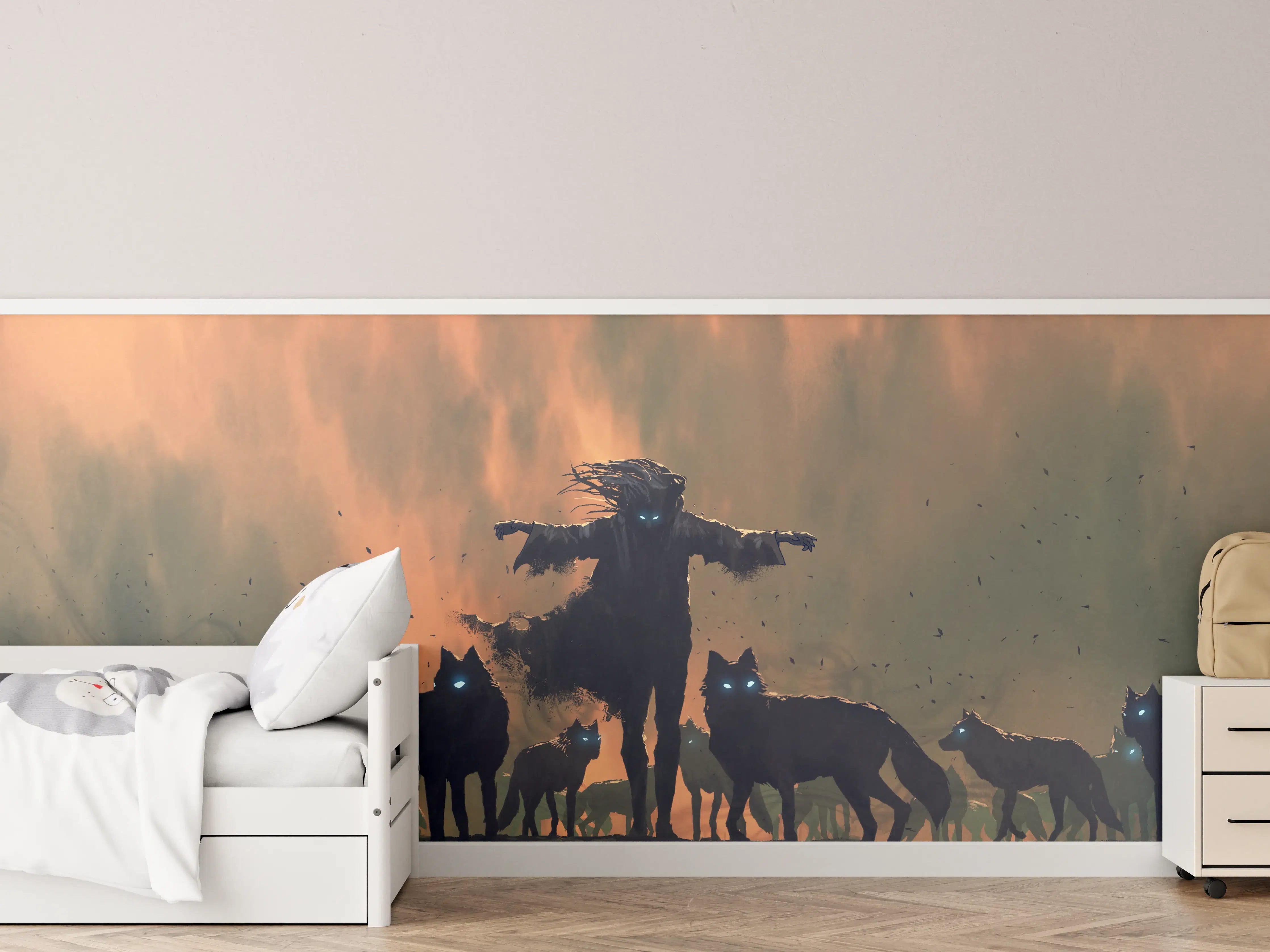 Kinderzimmer Wandgestaltung - Alpha-Wolf Silhouette Dämmerung