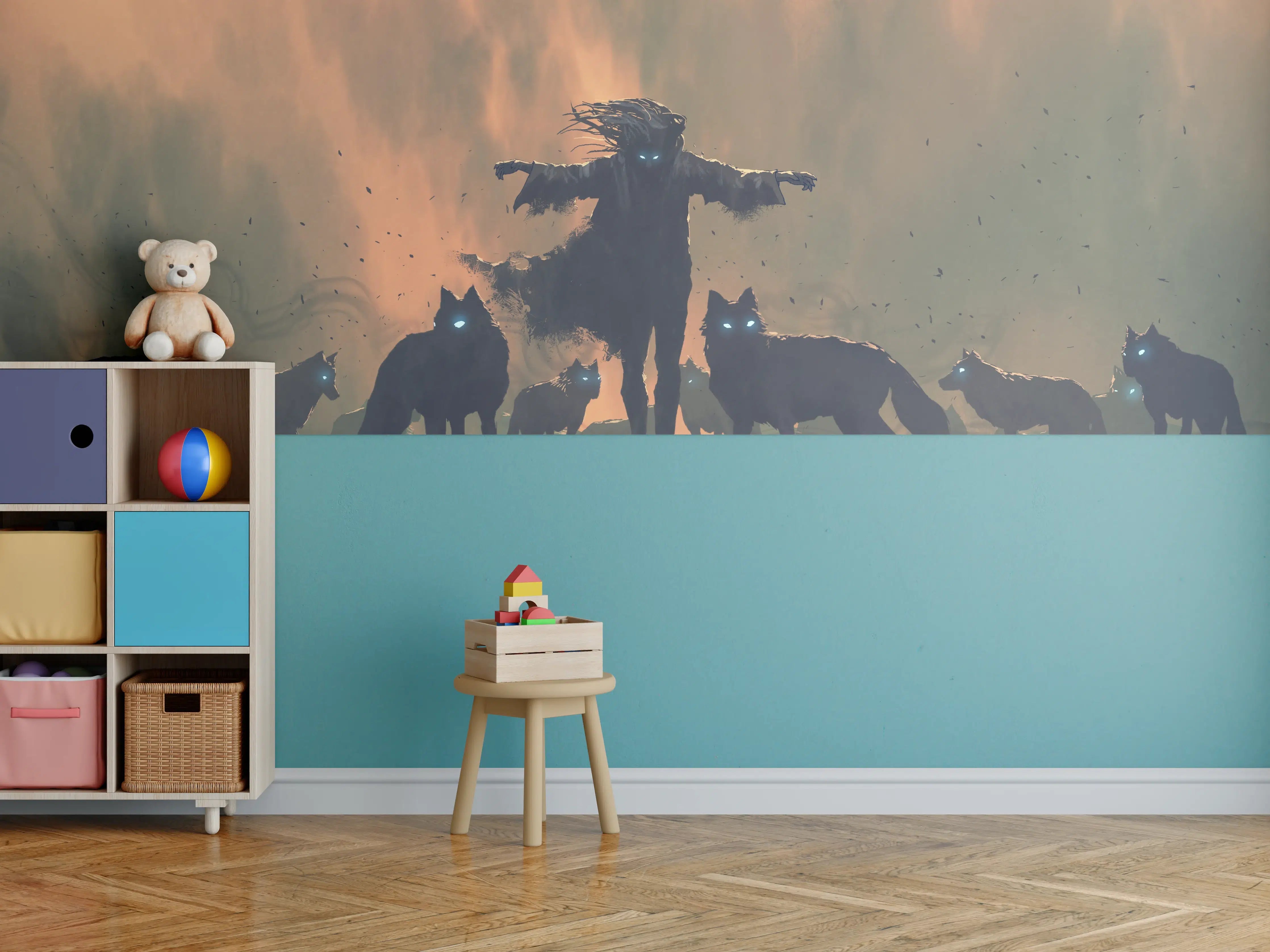 Kinderzimmer Wandgestaltung - Alpha-Wolf Silhouette Dämmerung