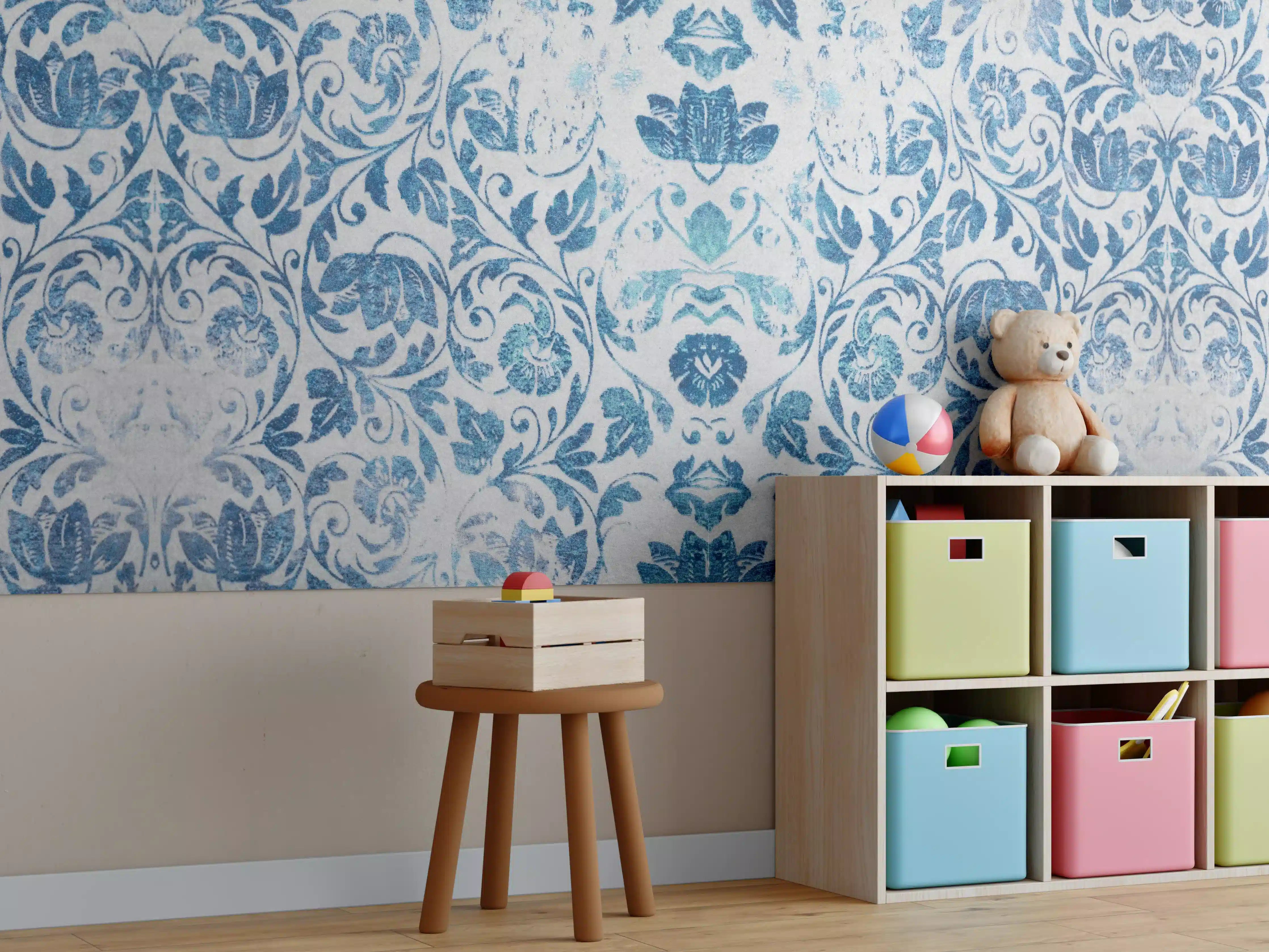 Kinderzimmer Wandgestaltung - Altes Abgenutztes Damast Patchwork Vintage Motiv