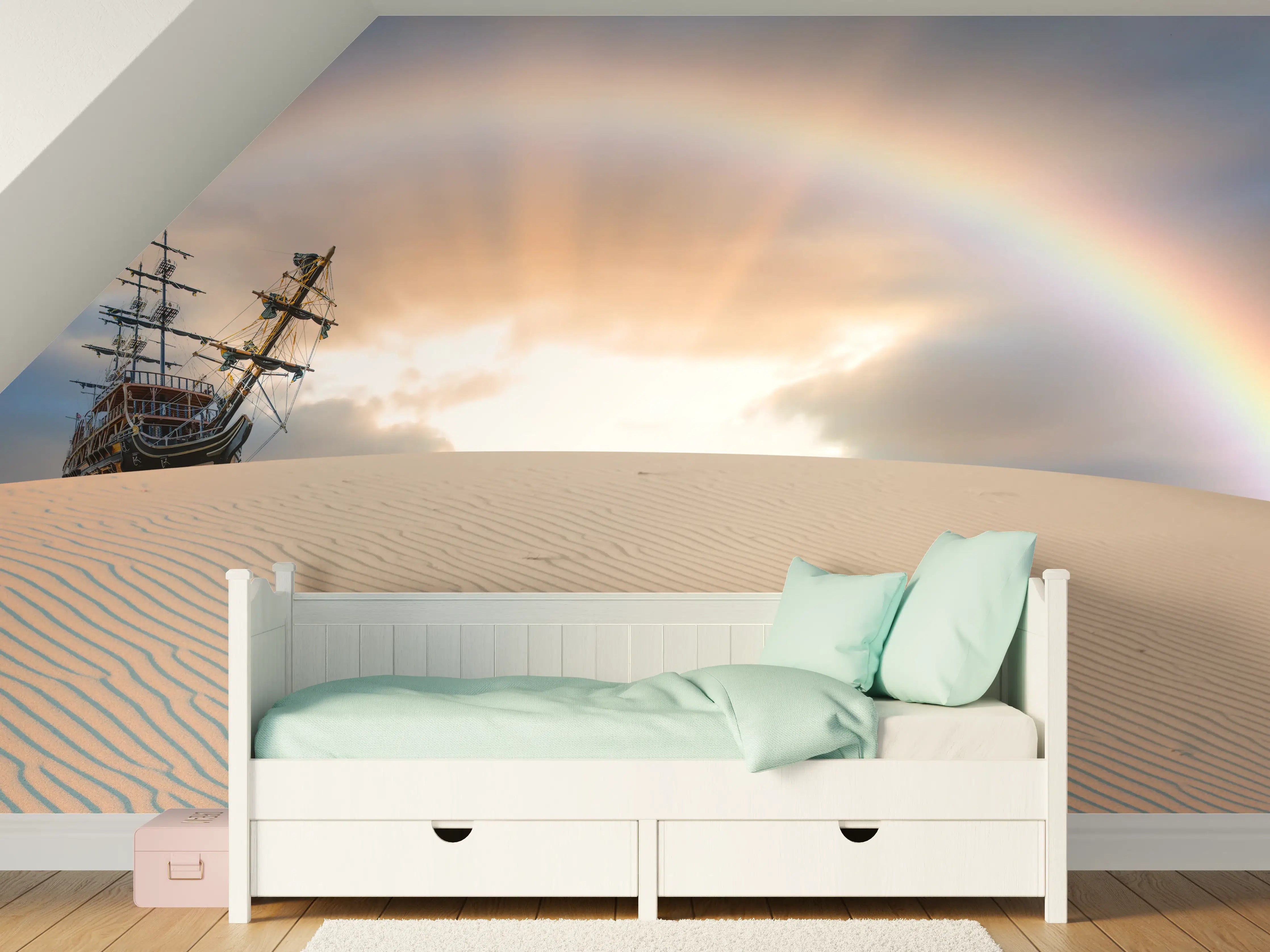 Kinderzimmer Wandgestaltung - Altes Schiff Wüste Regenbogen