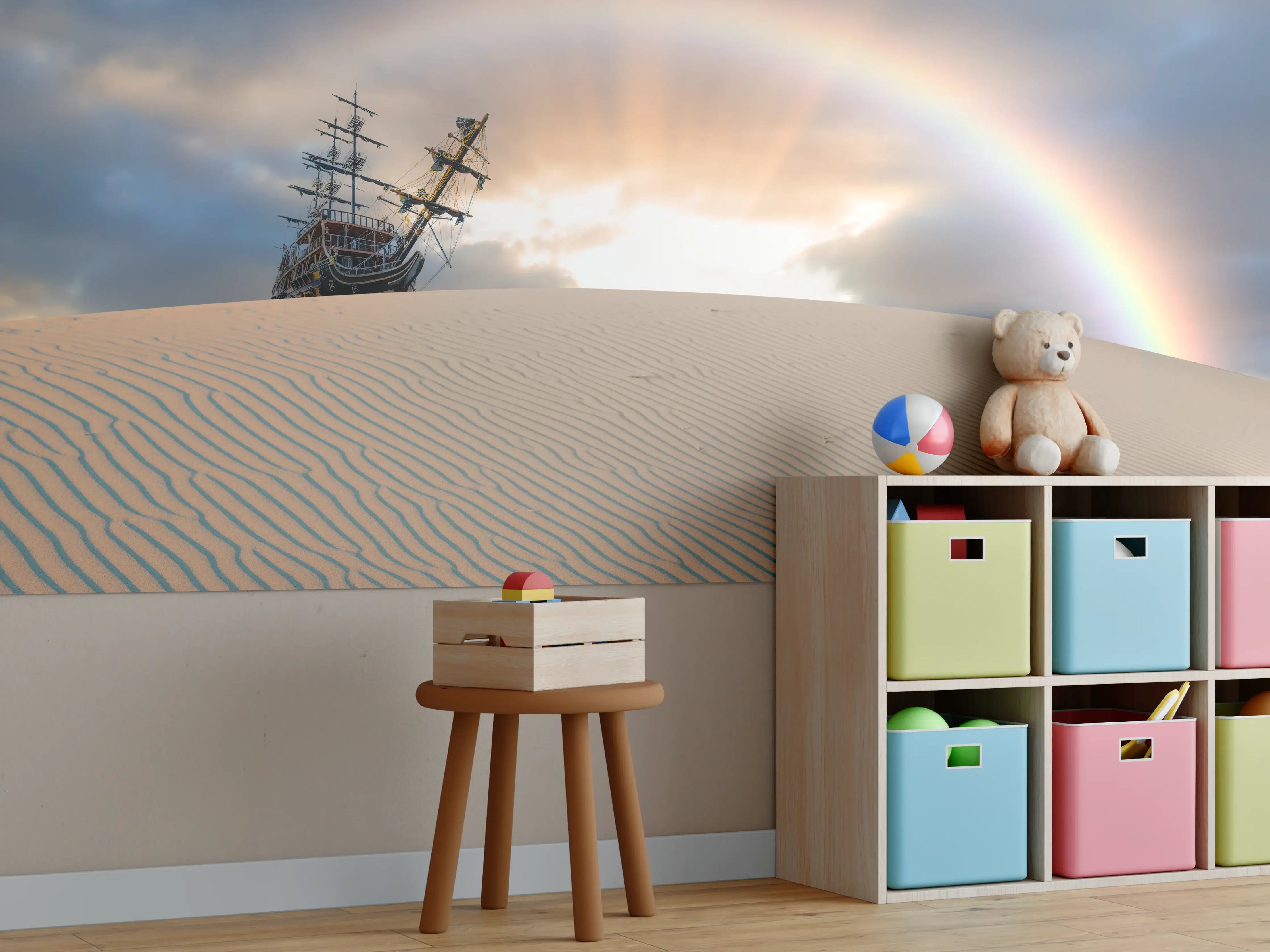 Kinderzimmer Wandgestaltung - Altes Schiff Wüste Regenbogen