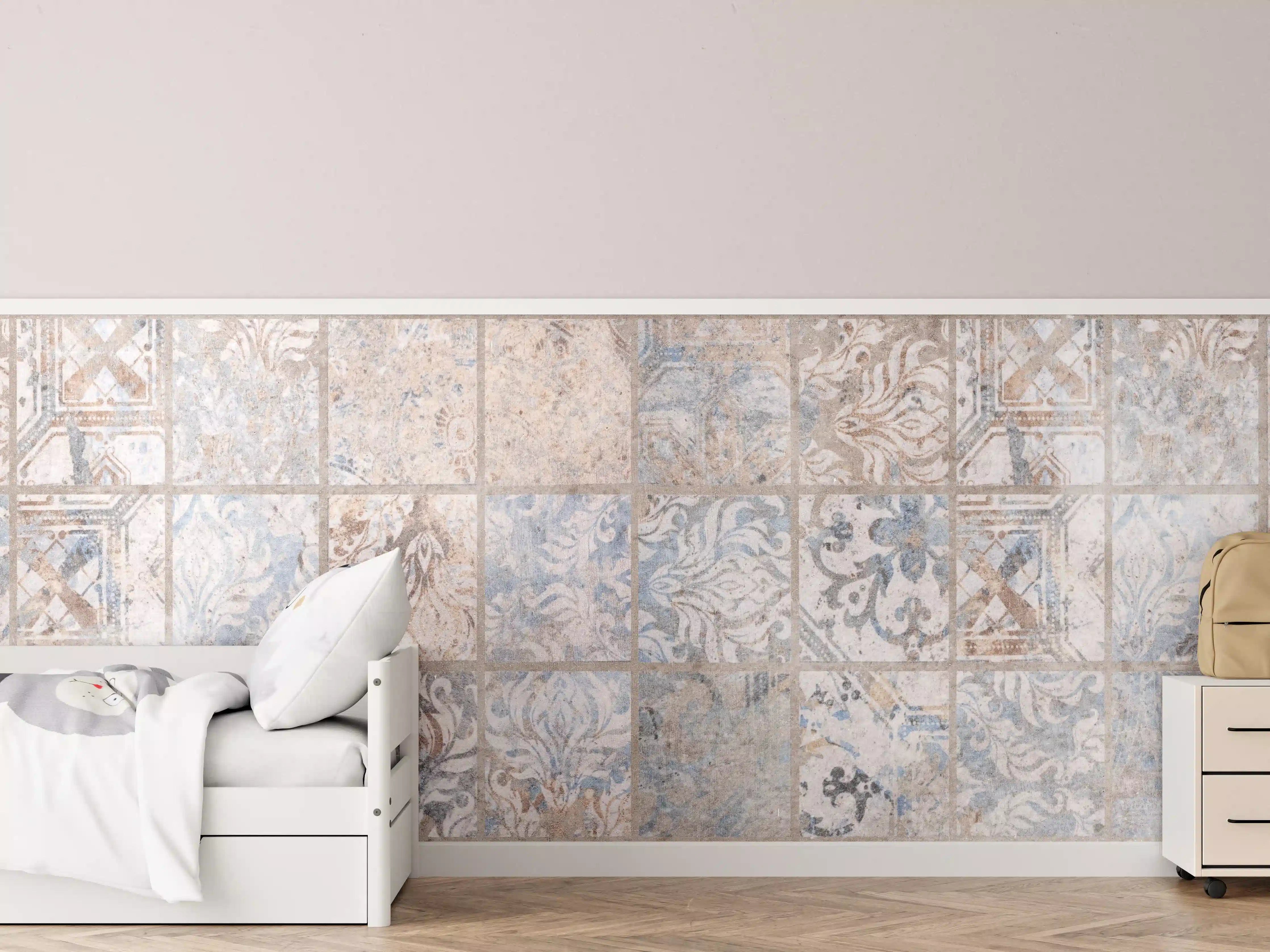 Kinderzimmer Wandgestaltung - Altes blau-braun Patchwork Motiv