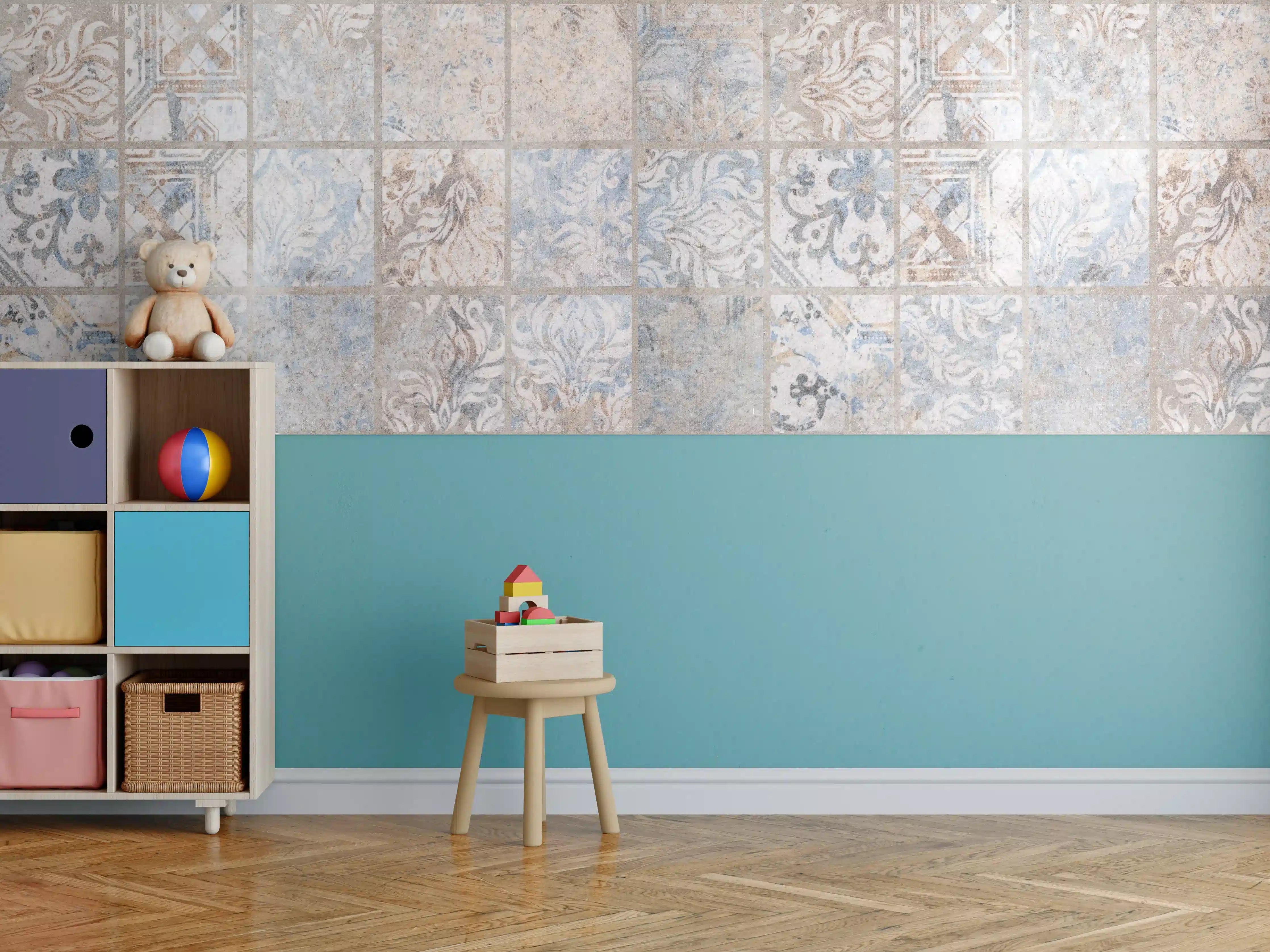 Kinderzimmer Wandgestaltung - Altes blau-braun Patchwork Motiv