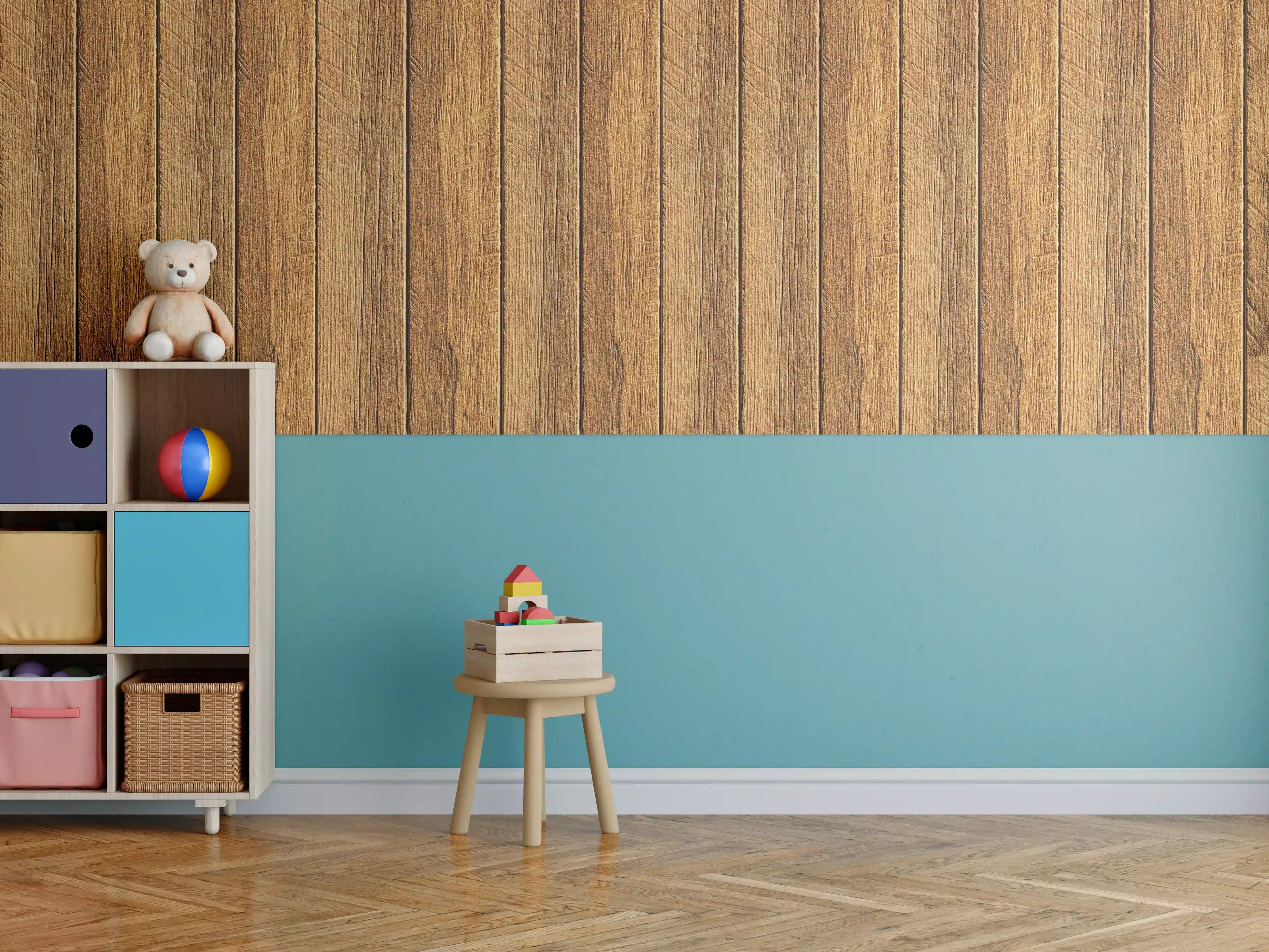 Kinderzimmer Wandgestaltung - Aneinandergereihte braune Holzplanken