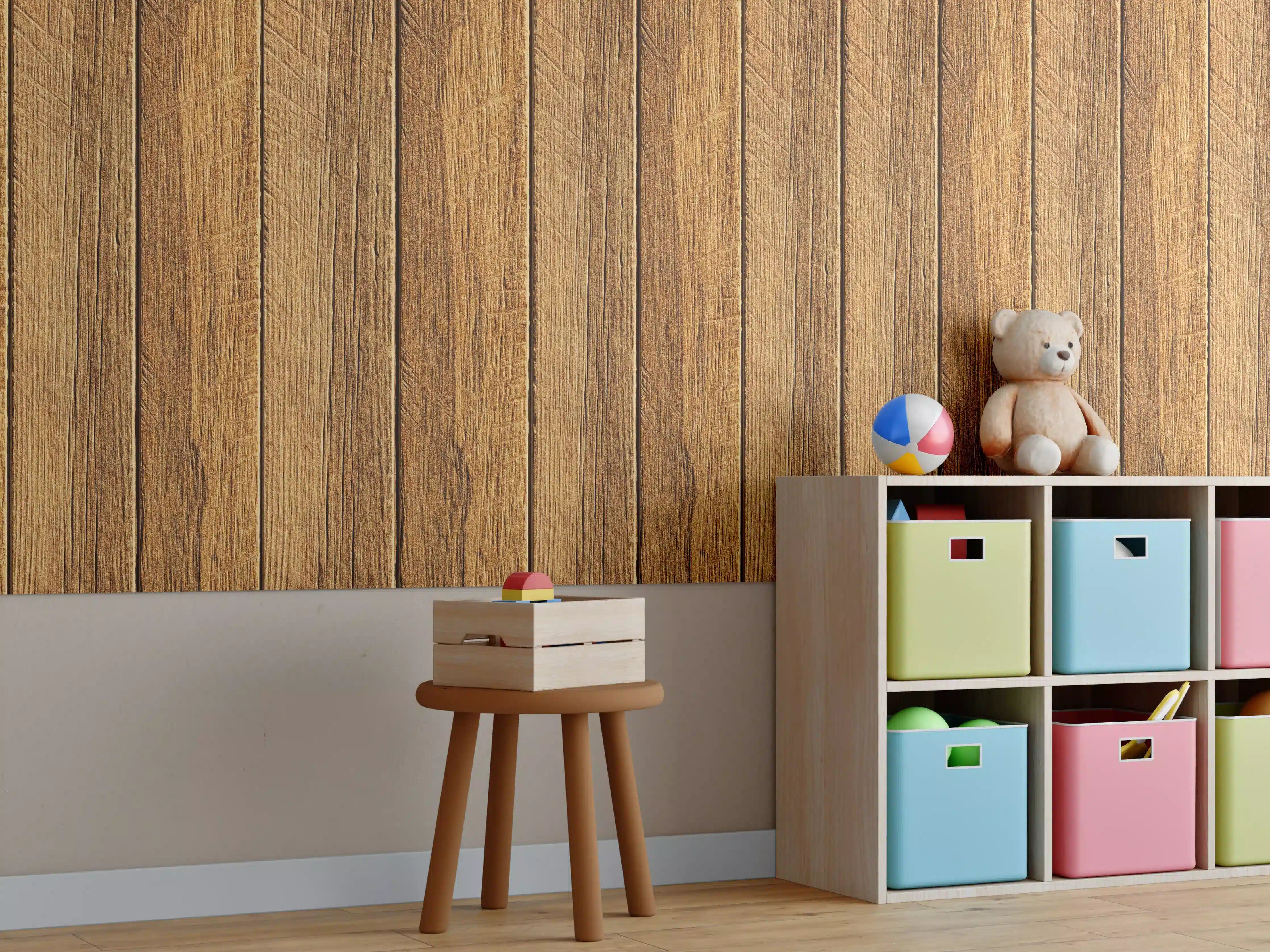 Kinderzimmer Wandgestaltung - Aneinandergereihte braune Holzplanken
