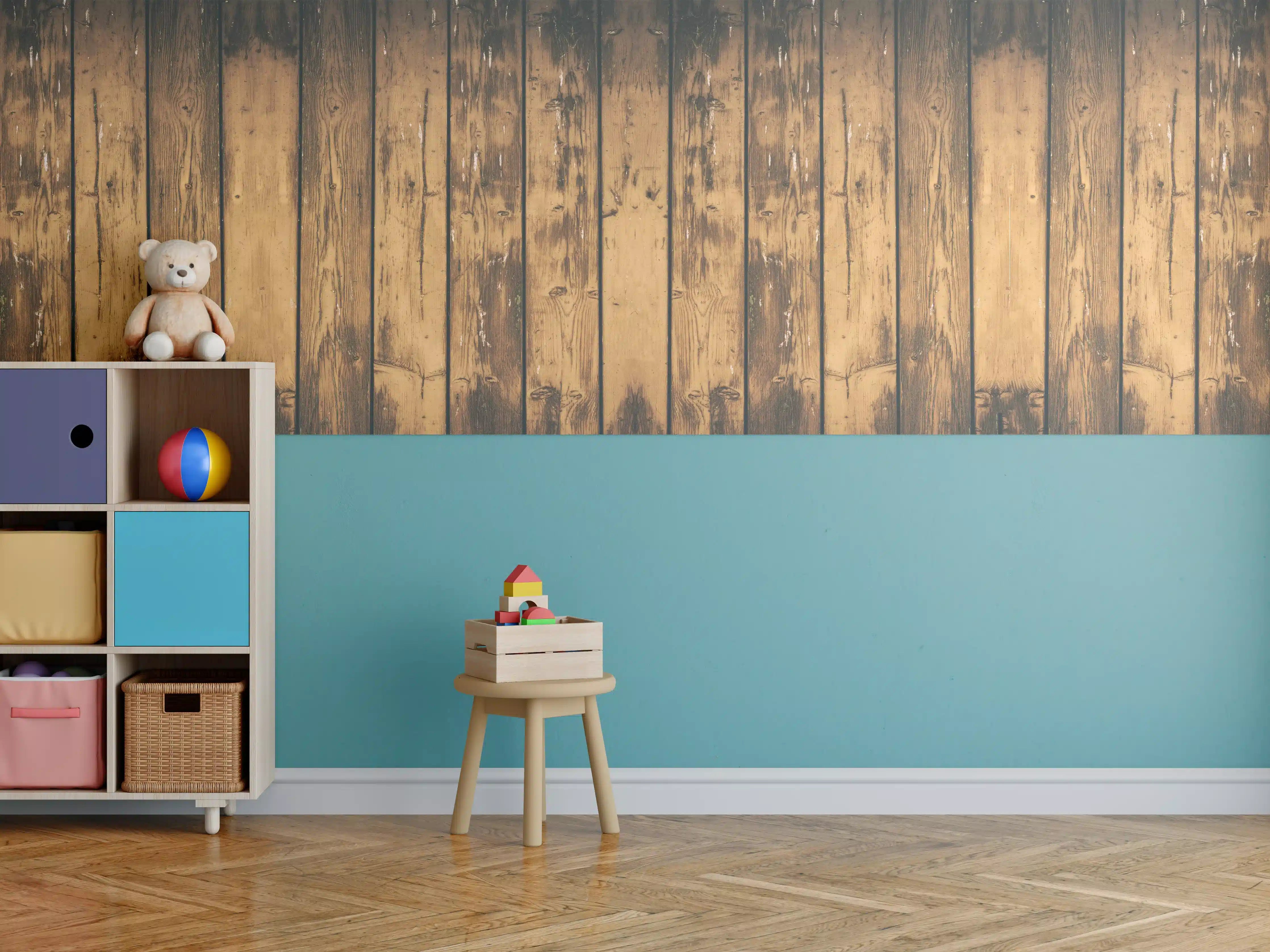 Kinderzimmer Wandgestaltung - Aneinandergereihte leicht angebrannte Holzplatten