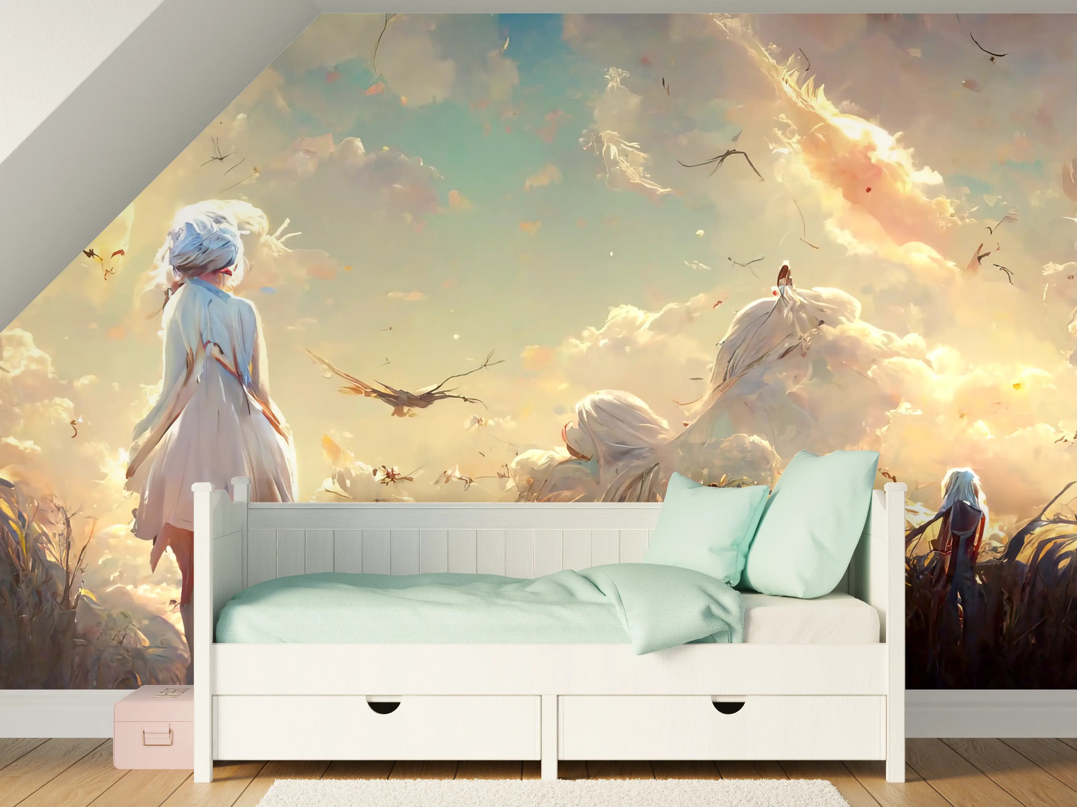 Kinderzimmer Wandgestaltung - Animierte Figuren bei Sonnenuntergang