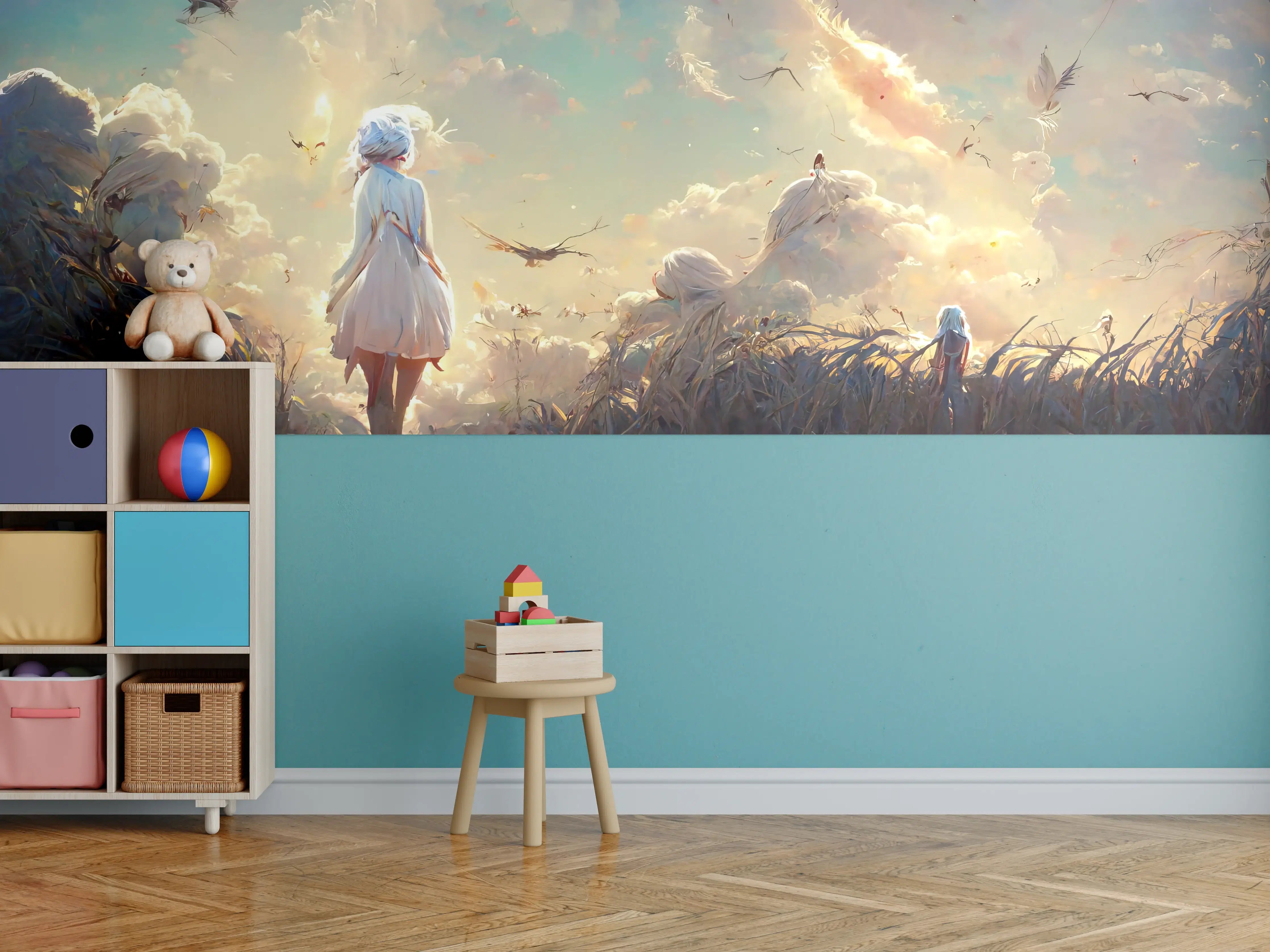 Kinderzimmer Wandgestaltung - Animierte Figuren bei Sonnenuntergang